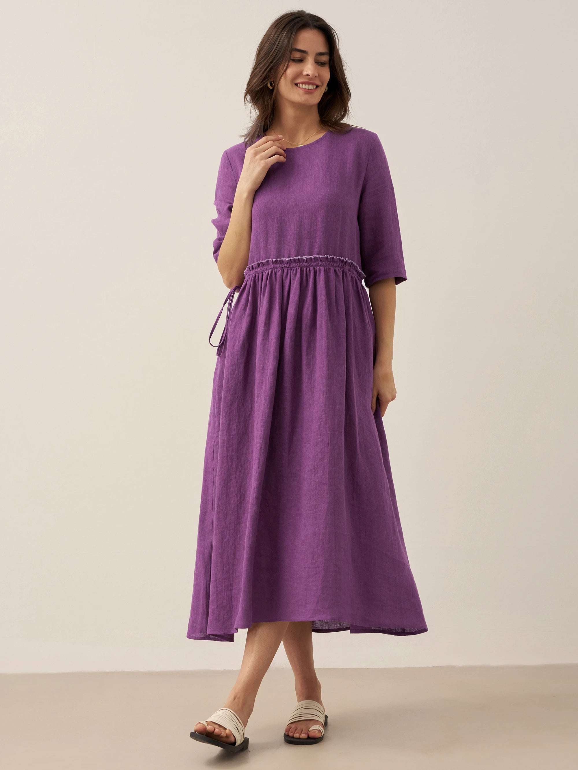 100% Linen Petal-Waist Drawstring Midi Dress JASMINE