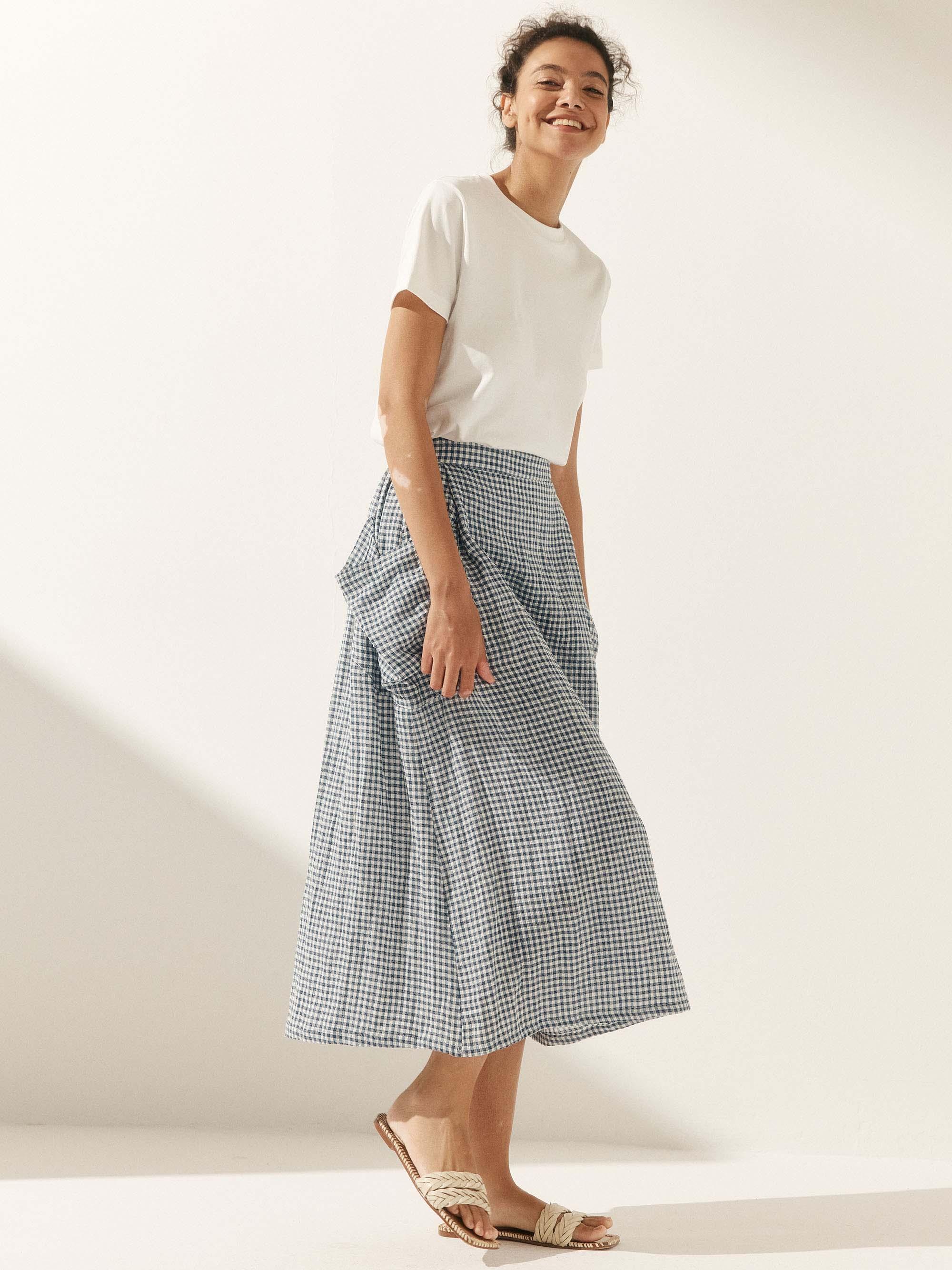 Linen Checked Elastic Waist Skirt ONYX