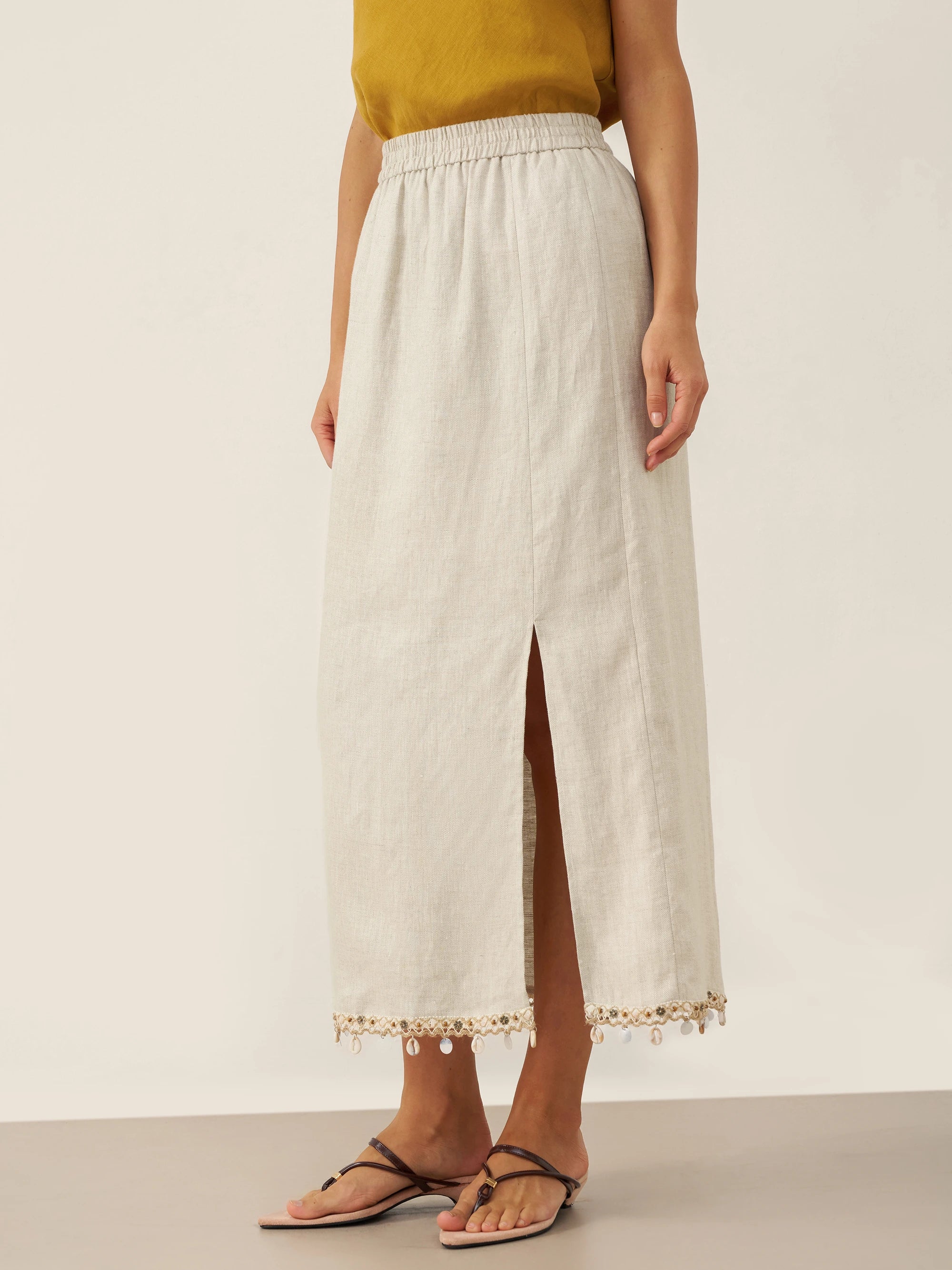 100% Linen Elastic Waist Beaded Skirt BIAN