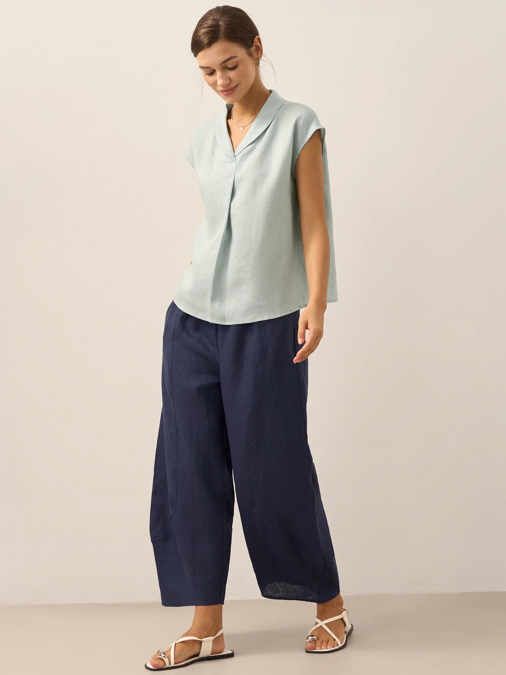 100% Linen Shawl V-Neck Cap Sleeves Top ELARA