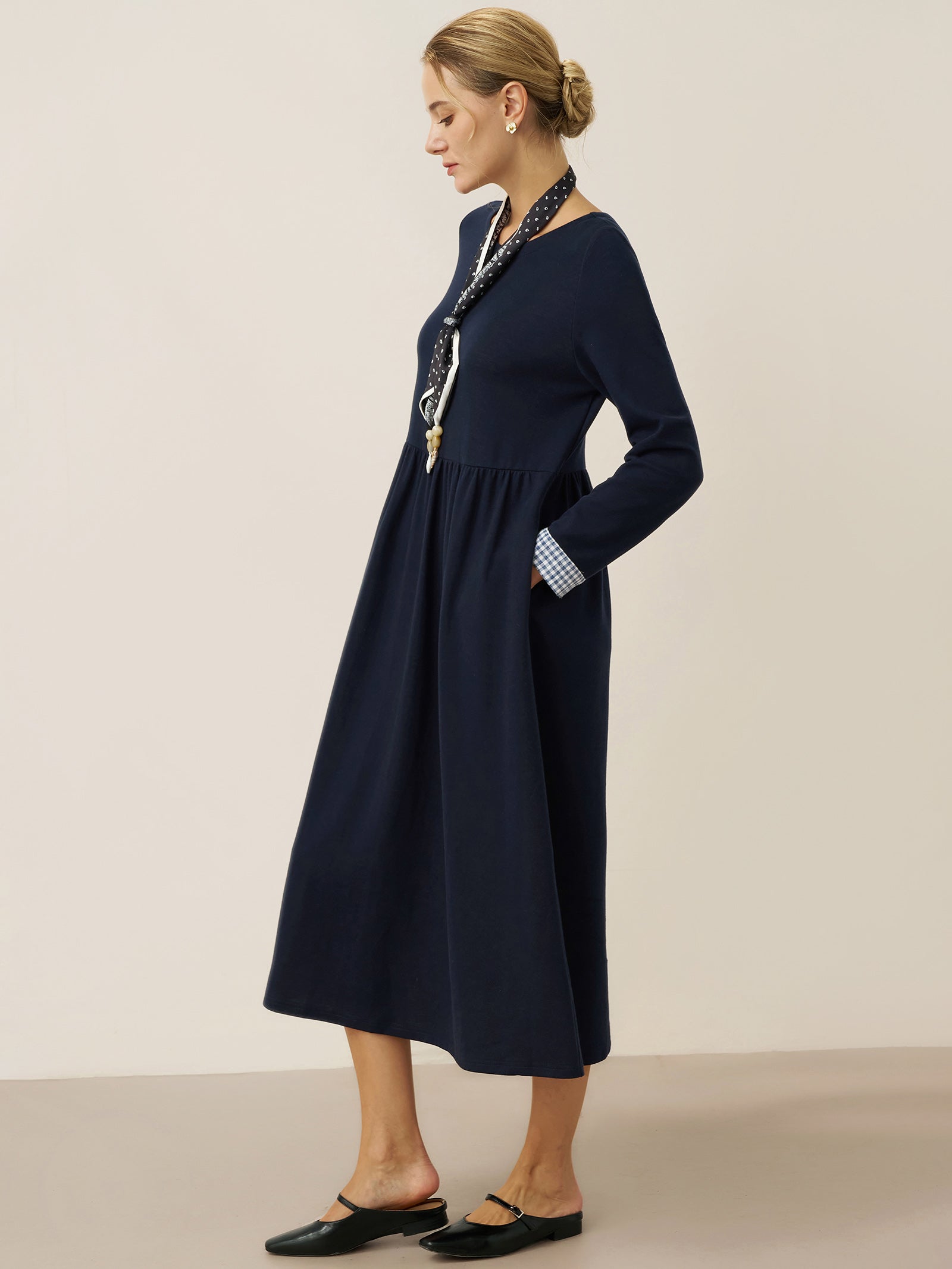 Cotton Patchwork Cuff Crew Neck Casual Maxi Dress SCARLETT