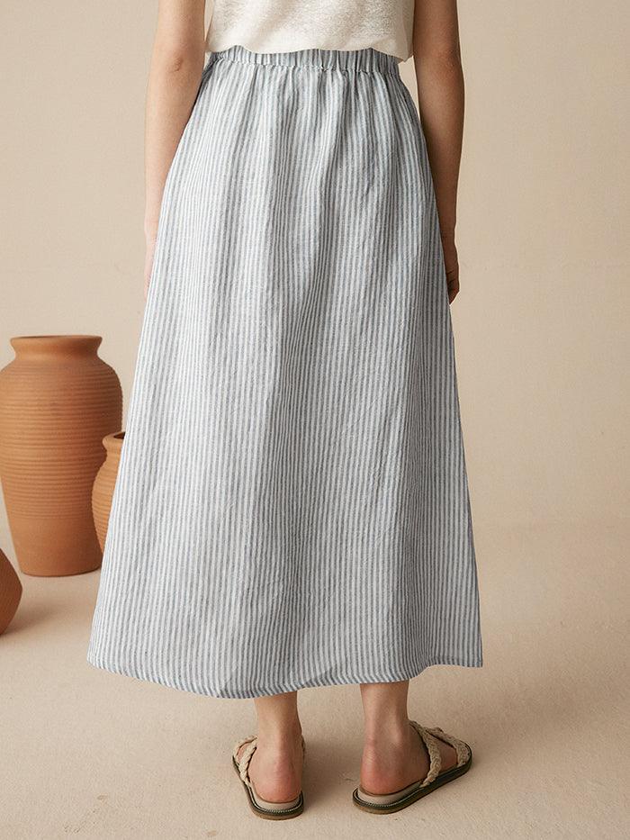 100% Striped Linen Long A-Line Skirt GABRIELLE