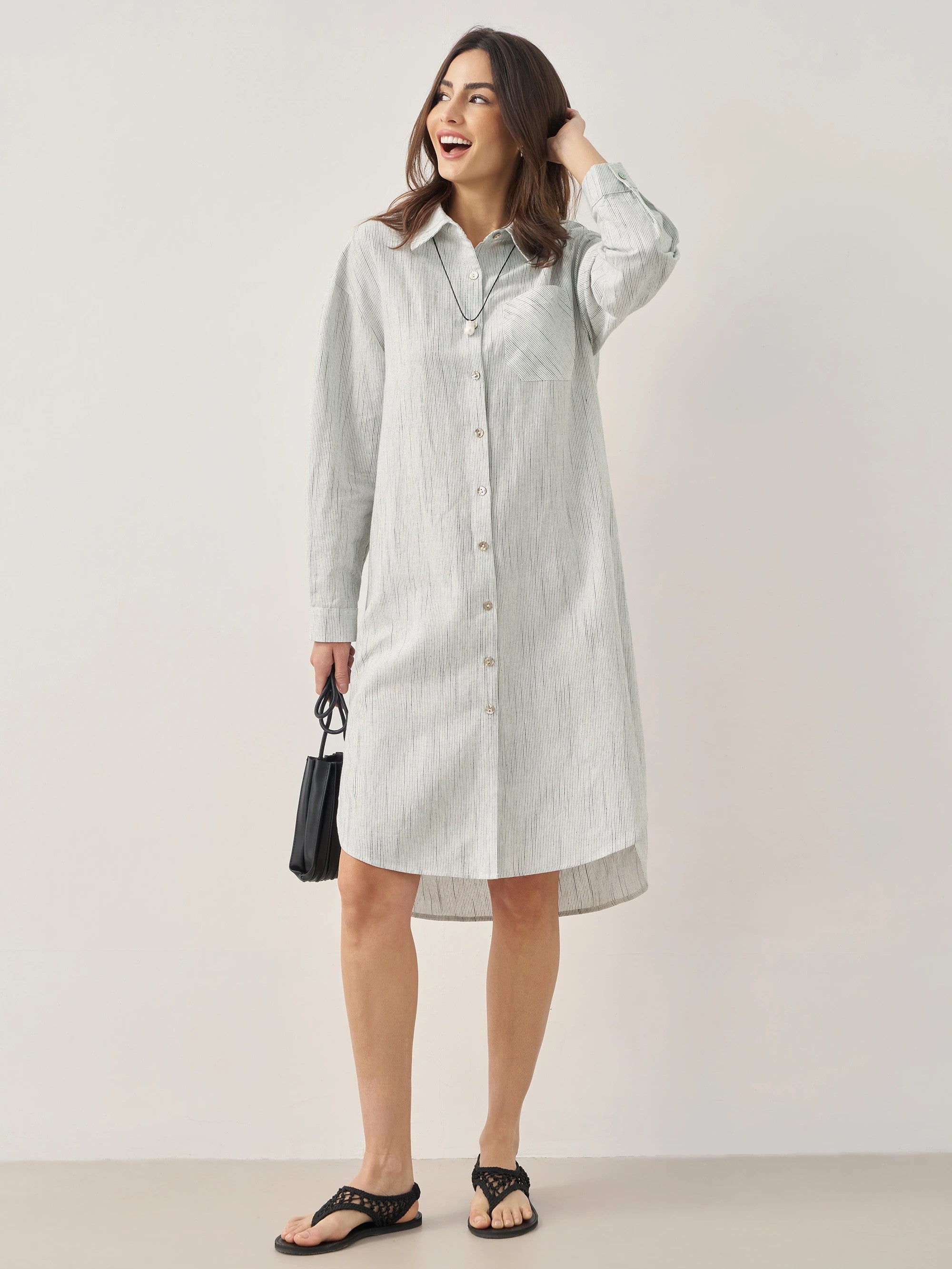 Linen Button-Front Artistic Stripe Shirt Dress JULIA