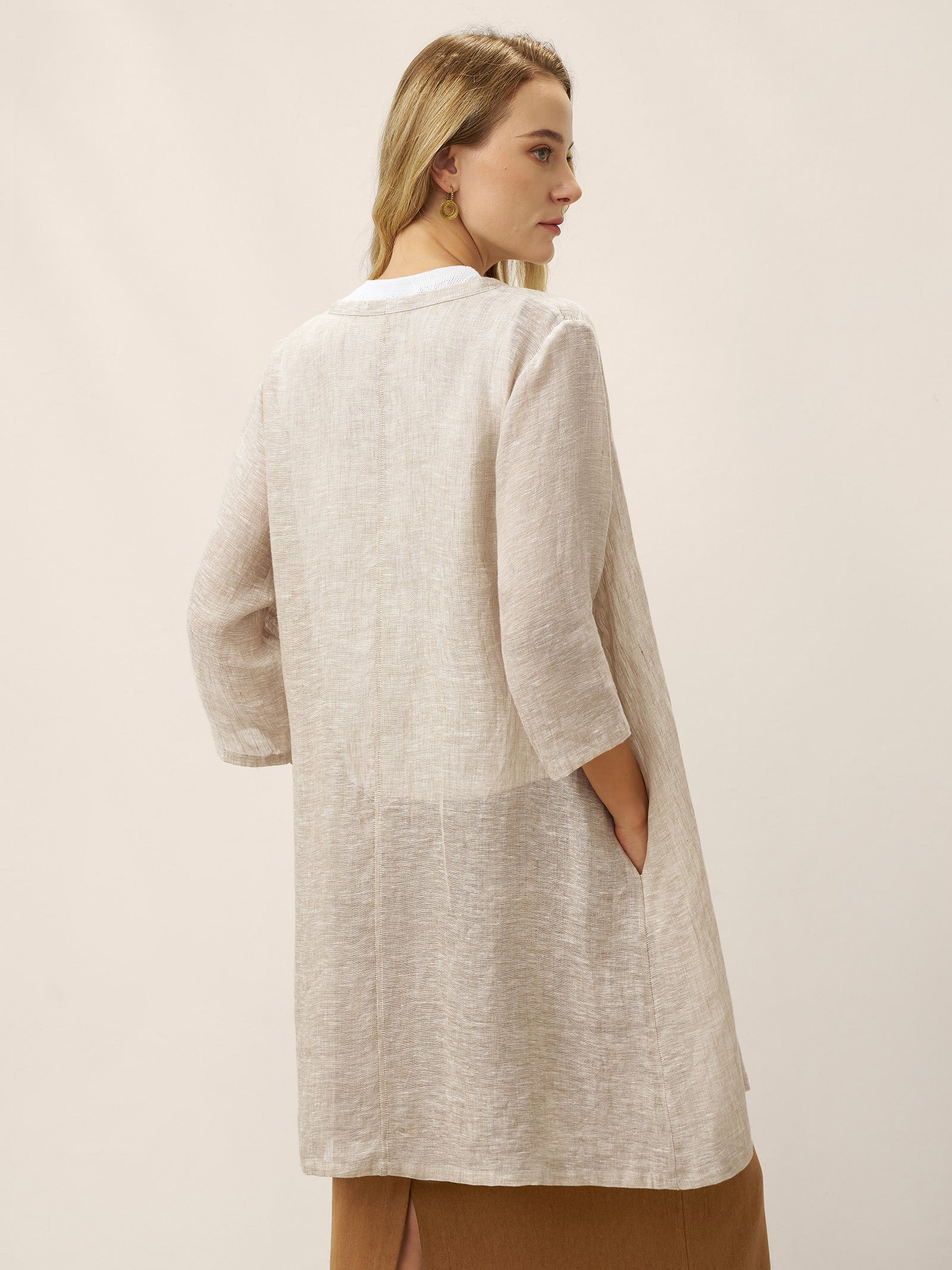 100% Linen Button Front Three-Quarter Sleeve Top PEYTON