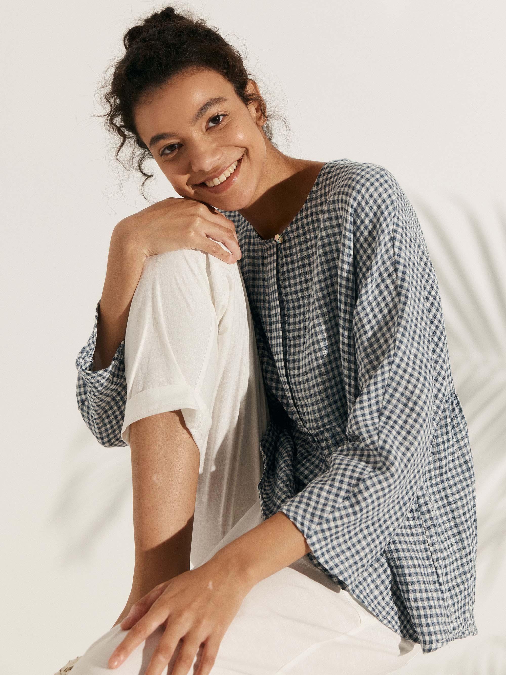Linen Checked Long-Sleeved Top CAROLINE
