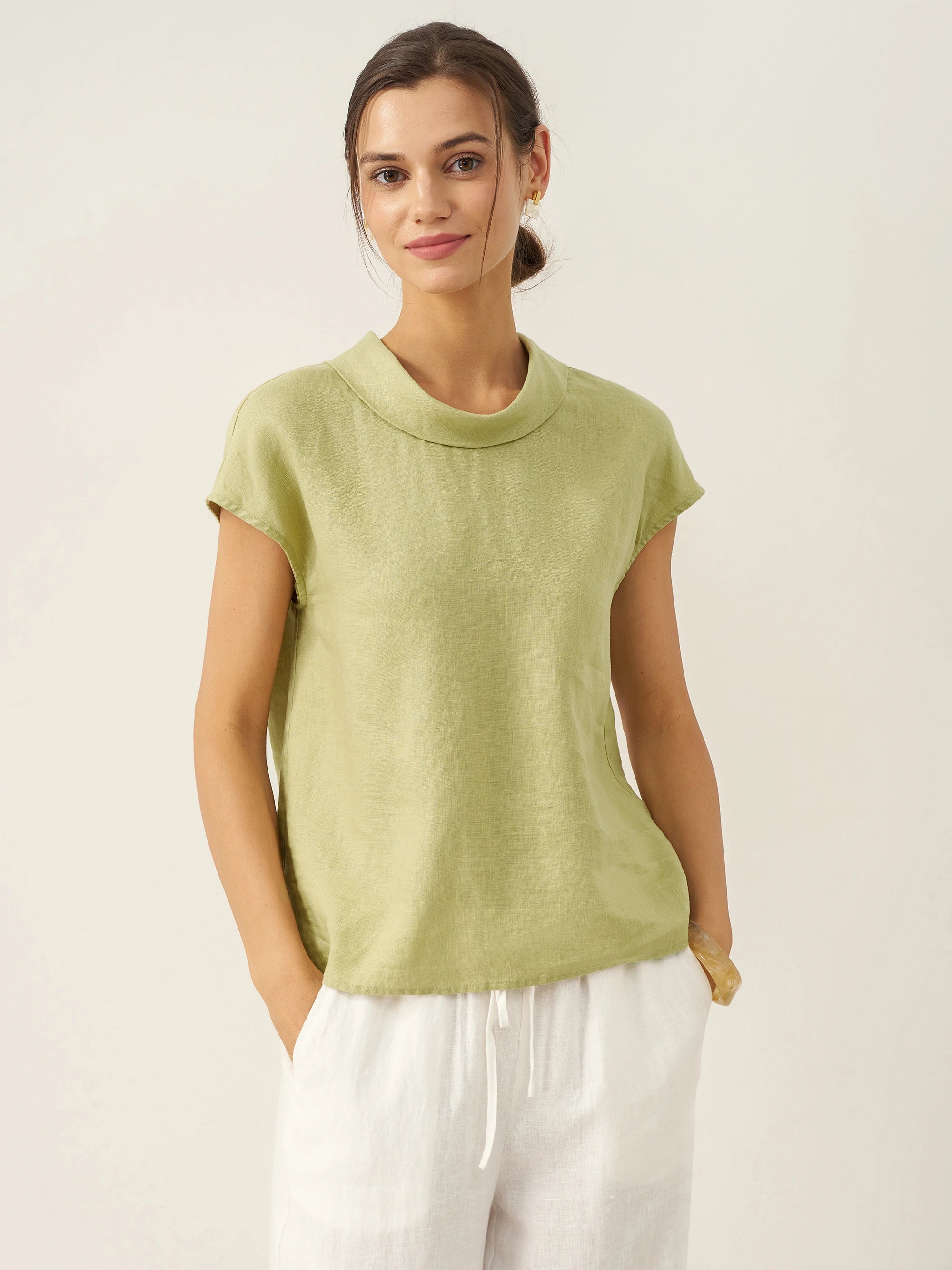 100% Linen Cap Sleeve Soft-Fold Collar Top YVONNE