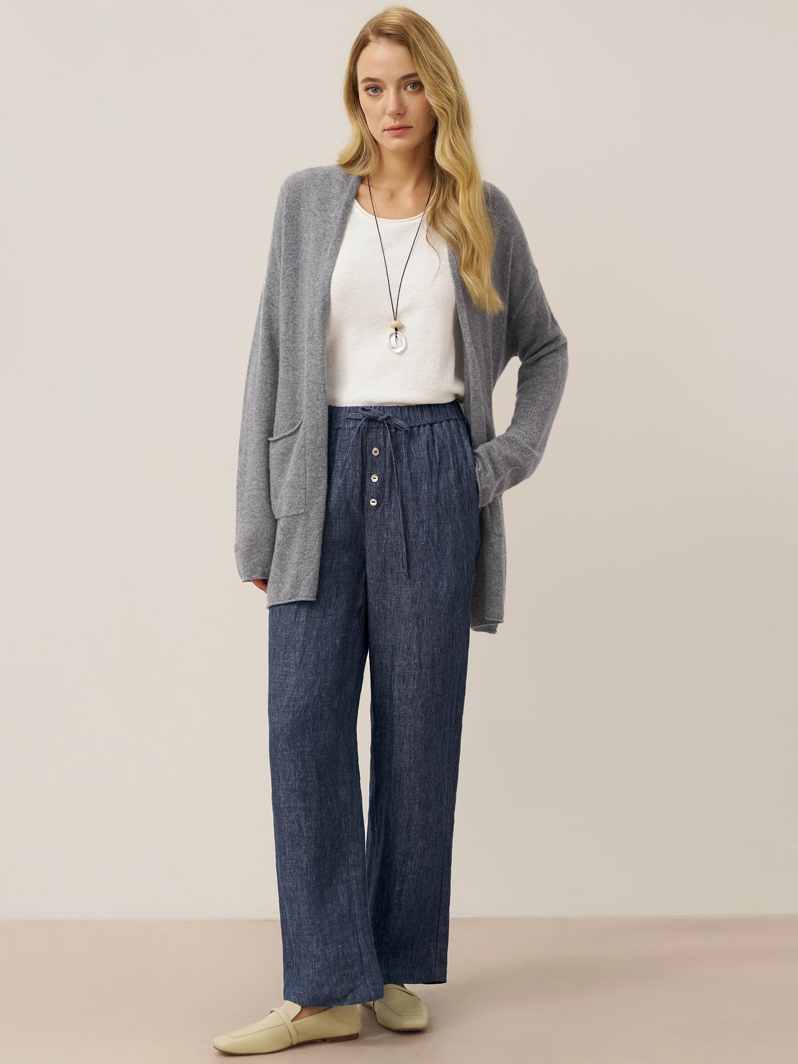 100% Linen Denim Texture Elastic Waist Straight Leg Pants HAZEL