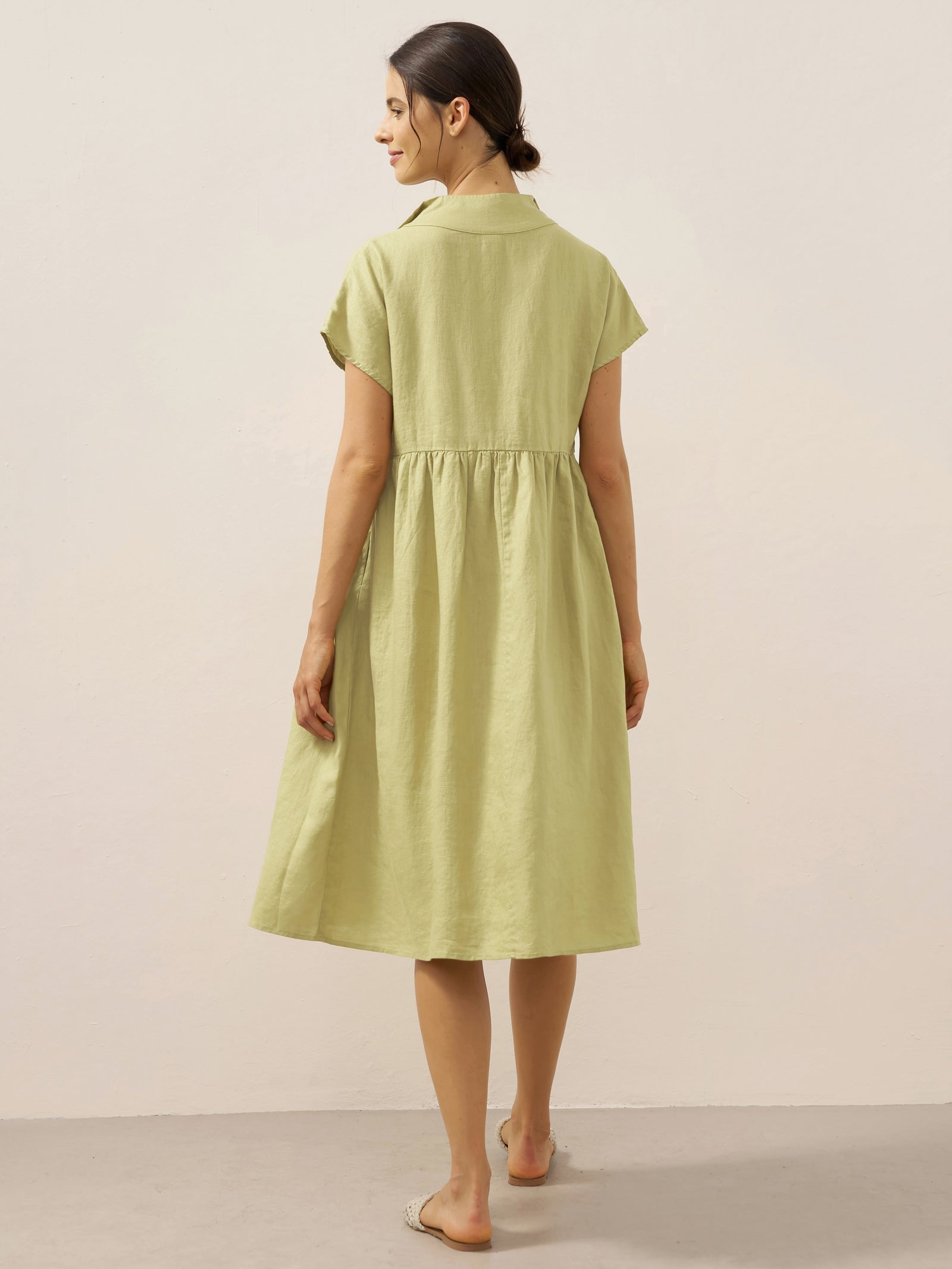 100% Linen Collared Pleated Waist A-Line Midi Dress SAGE