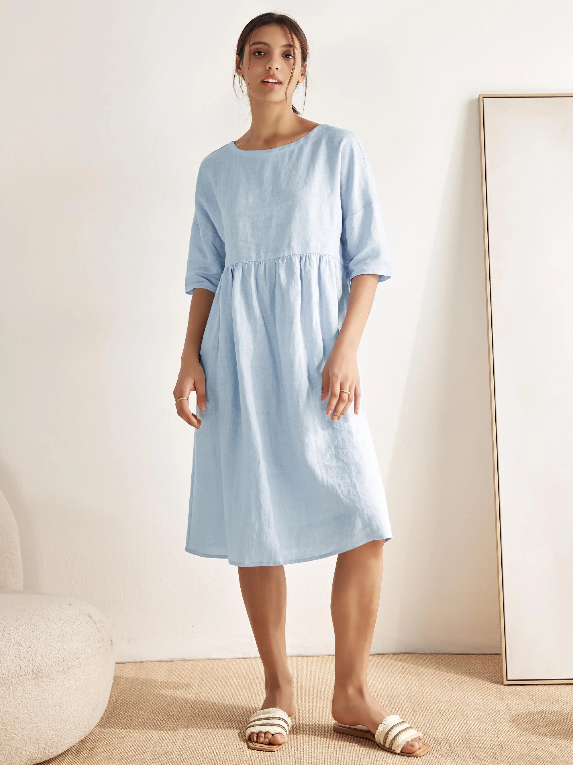 100% Linen A-Line Midi Dress VALENCIA
