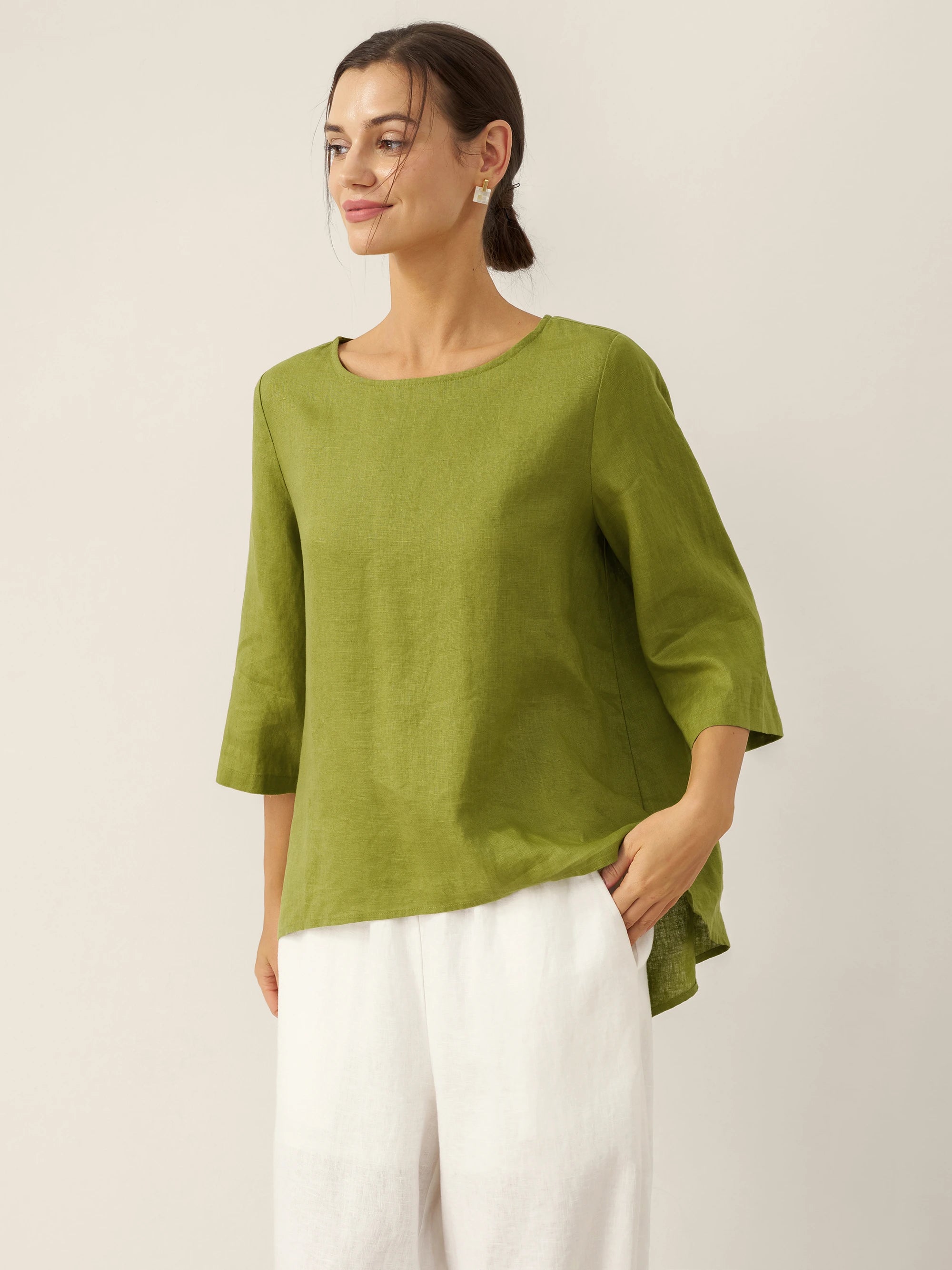 100% Linen Round Neck Asymmetrical Hem Top BRIANNA
