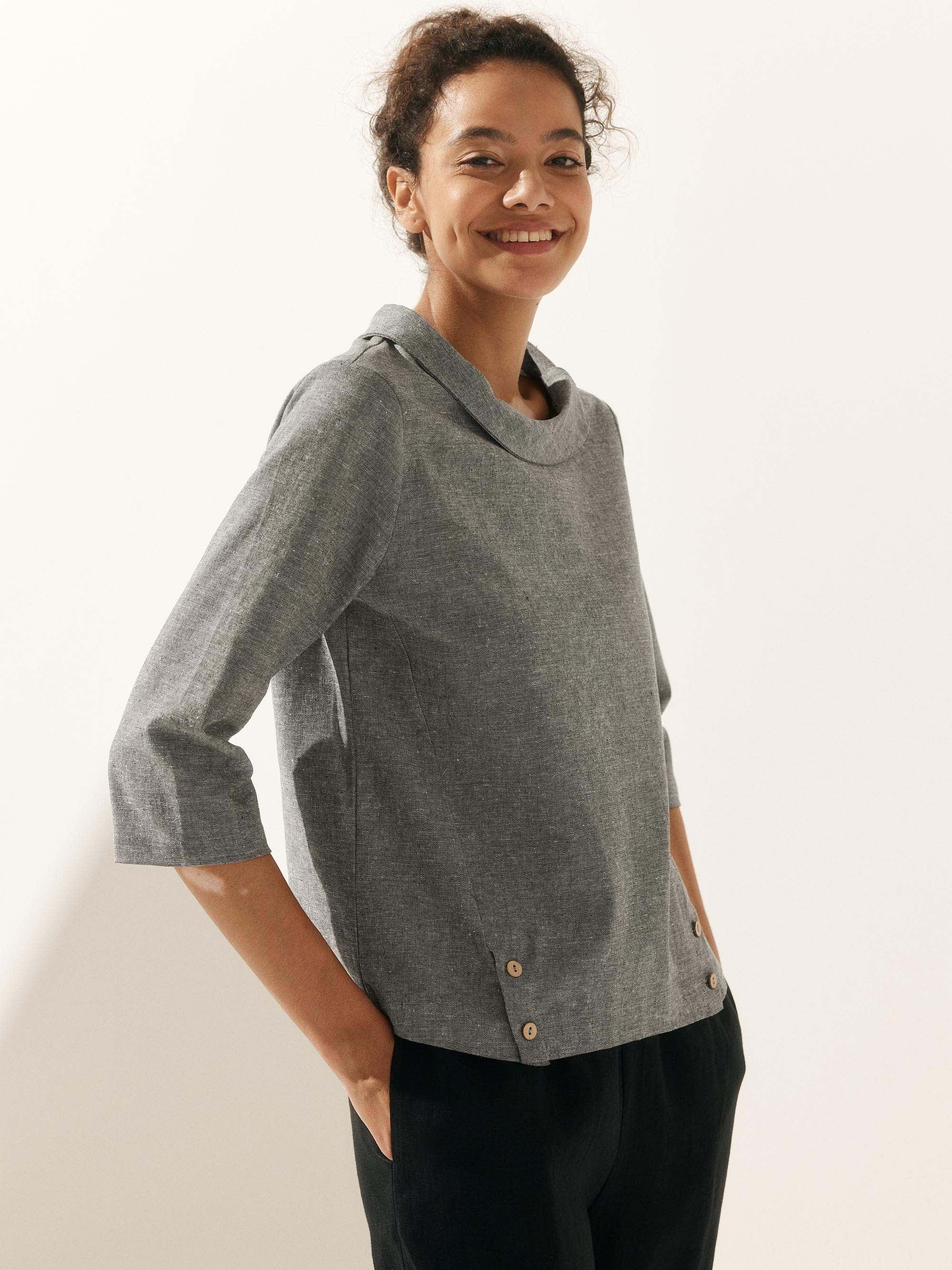 Linen Gingham Checked Round Soft-Fold Collar Top LAURA