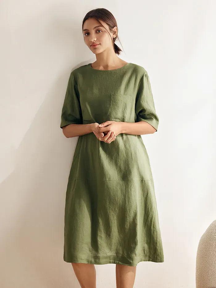 100% Linen Mid-Sleeve Maxi Dress GEORGINA