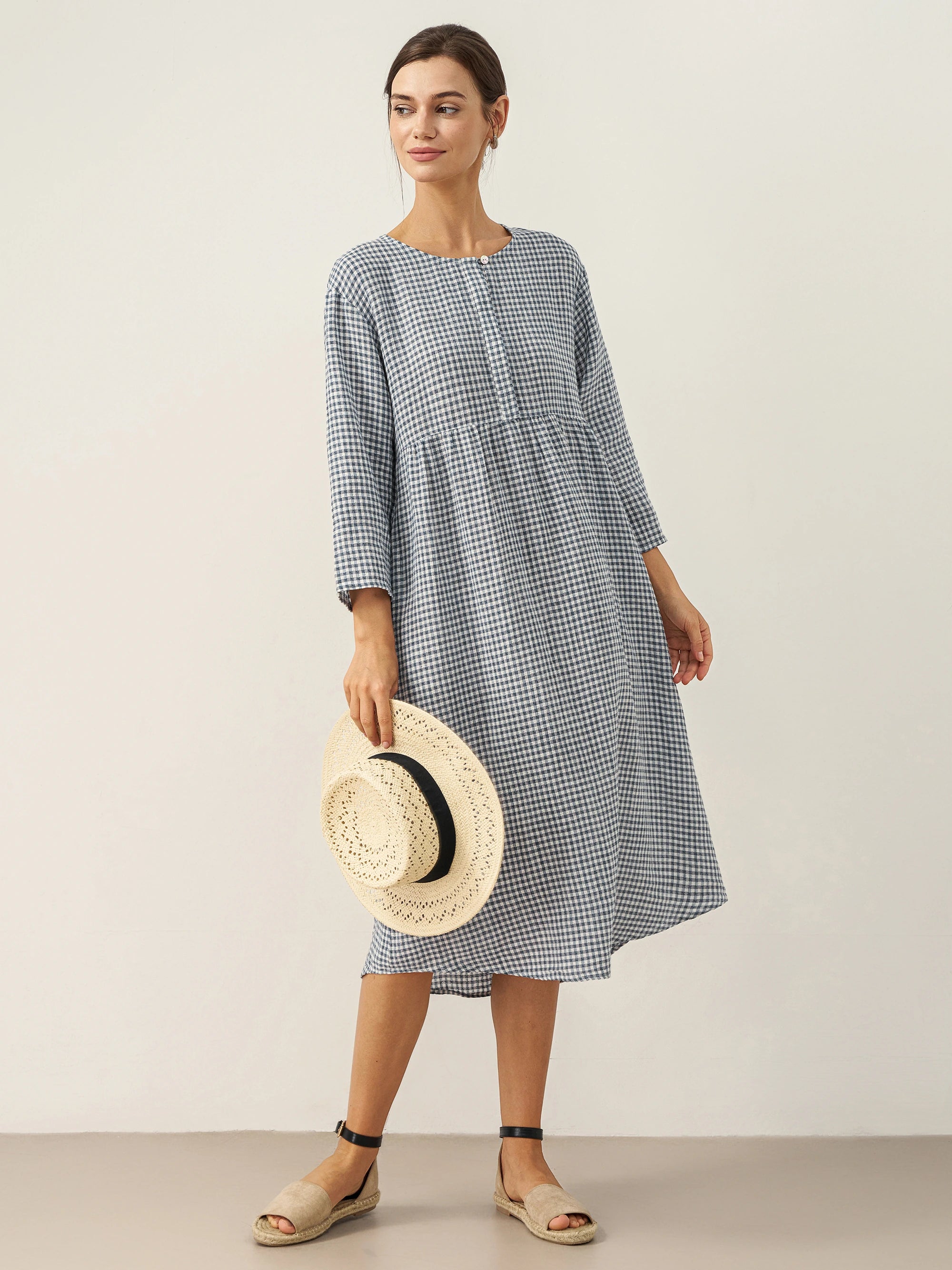 Linen Check Long Sleeve Midi Dress FIRTH