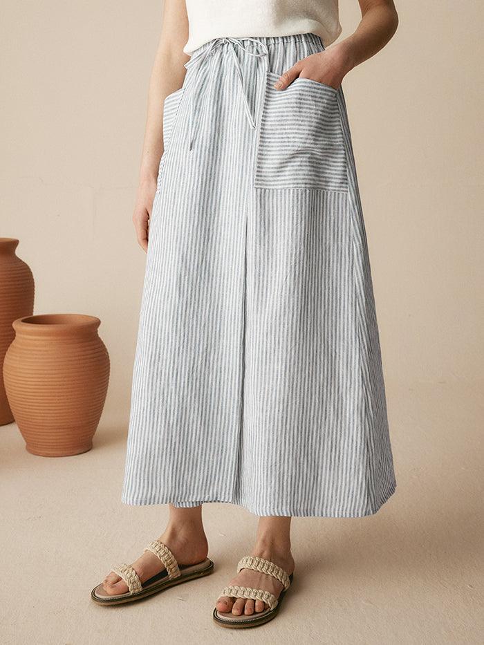 100% Striped Linen Long A-Line Skirt GABRIELLE
