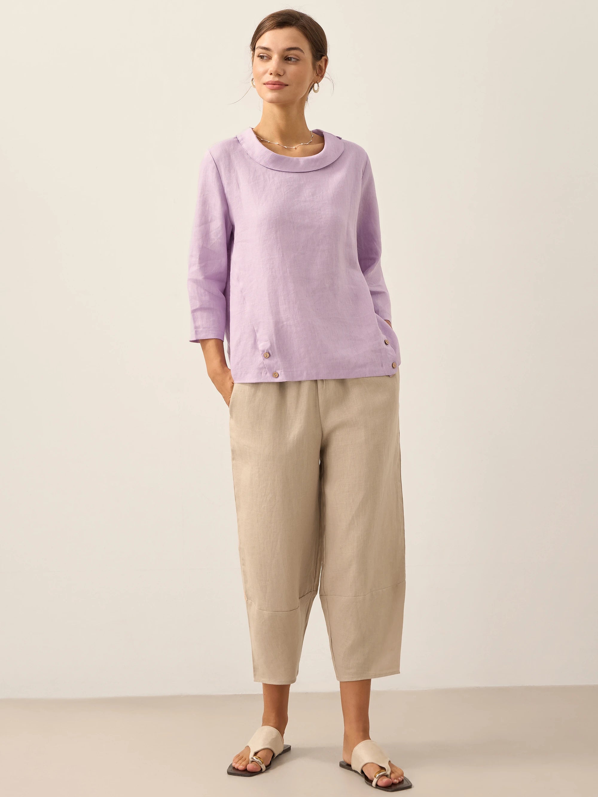 Linen Gingham Checked Round Soft-Fold Collar Top LAURA