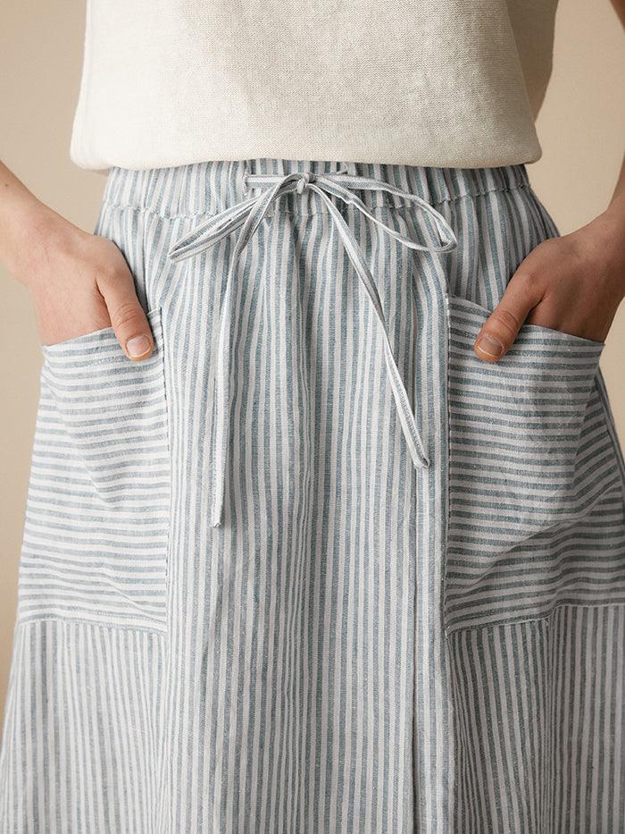100% Striped Linen Long A-Line Skirt GABRIELLE