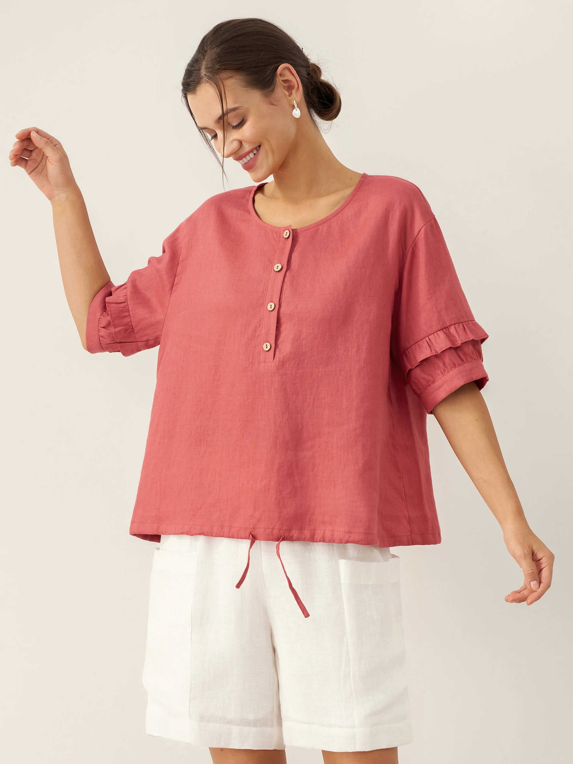 100% Linen Flutter Sleeve Drawstring Top ZOEY