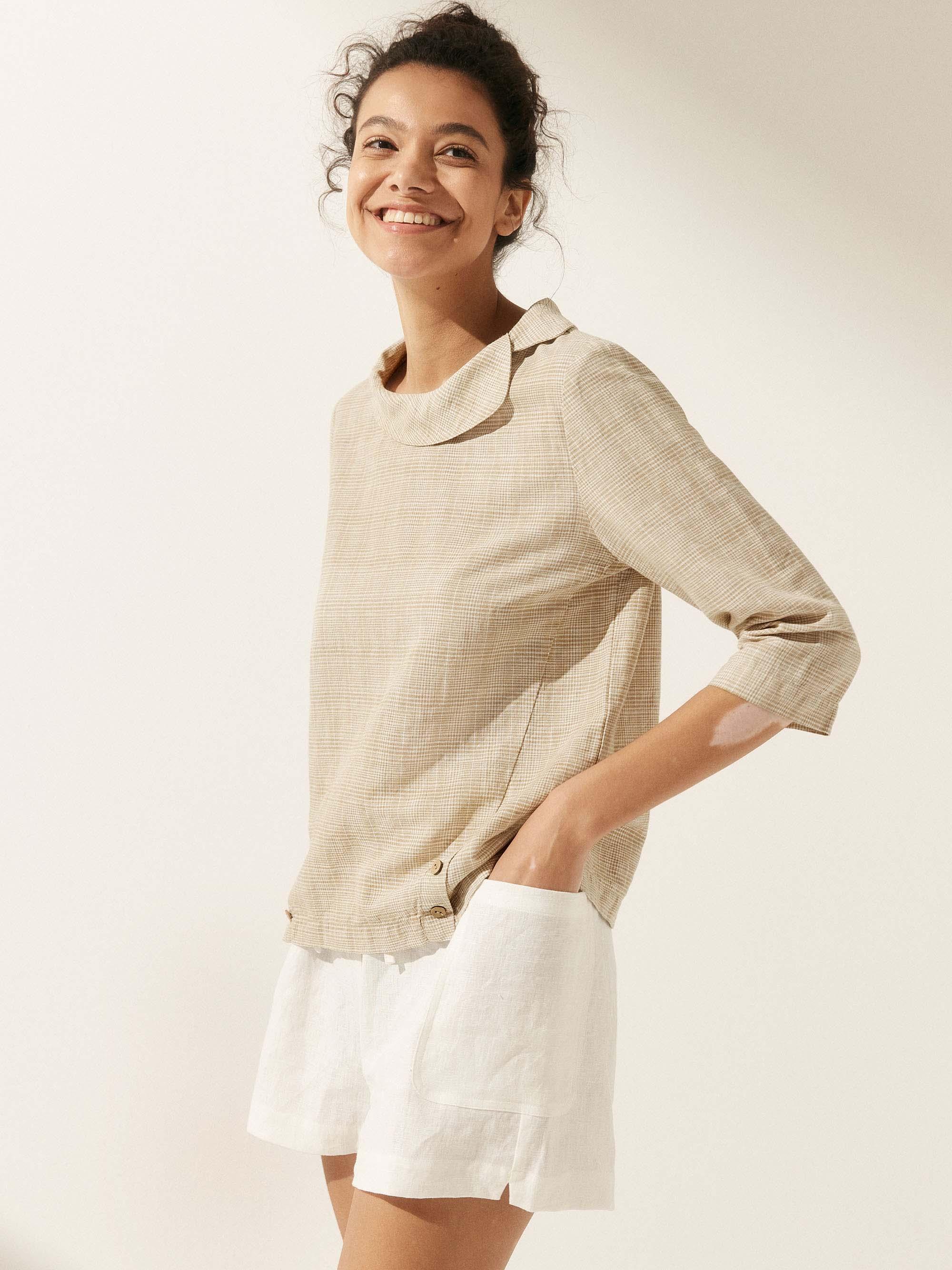 Linen Gingham Checked Round Soft-Fold Collar Top LAURA