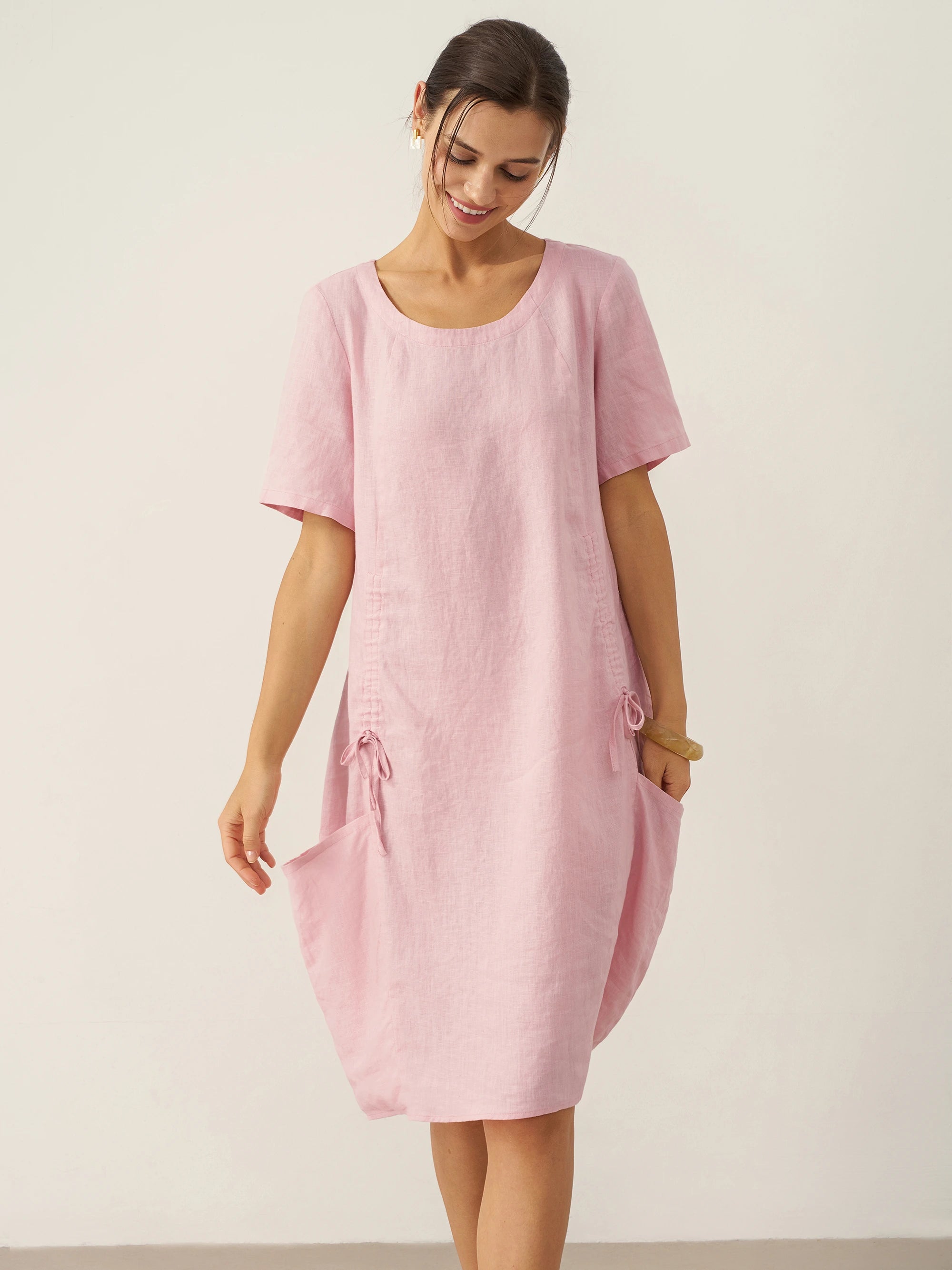 100% Linen Round Neck Patch Pocket Midi Dress XENA