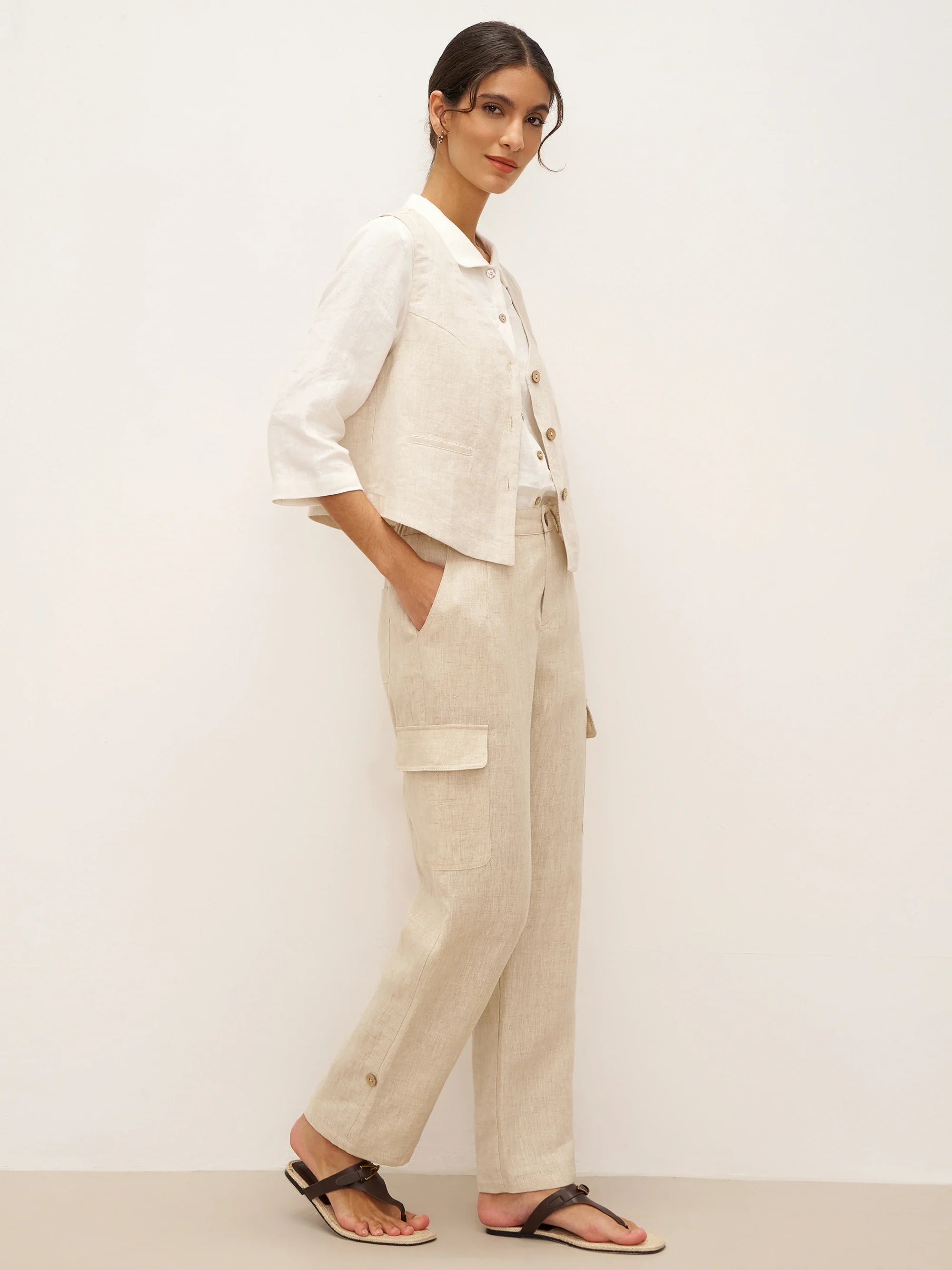 100% Linen Cargo Tapered Trousers with Patch Pockets JESSE