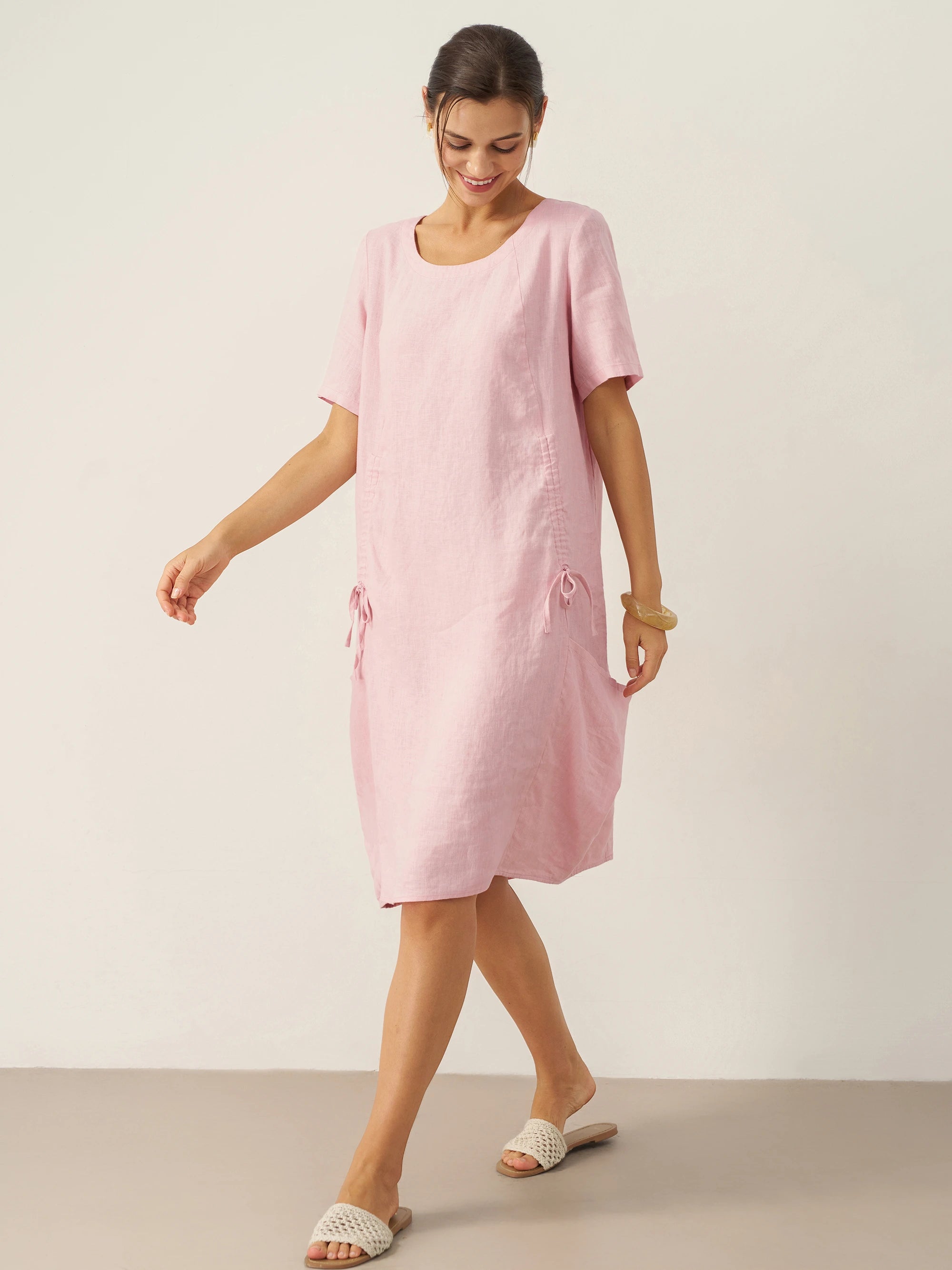 100% Linen Round Neck Patch Pocket Midi Dress XENA