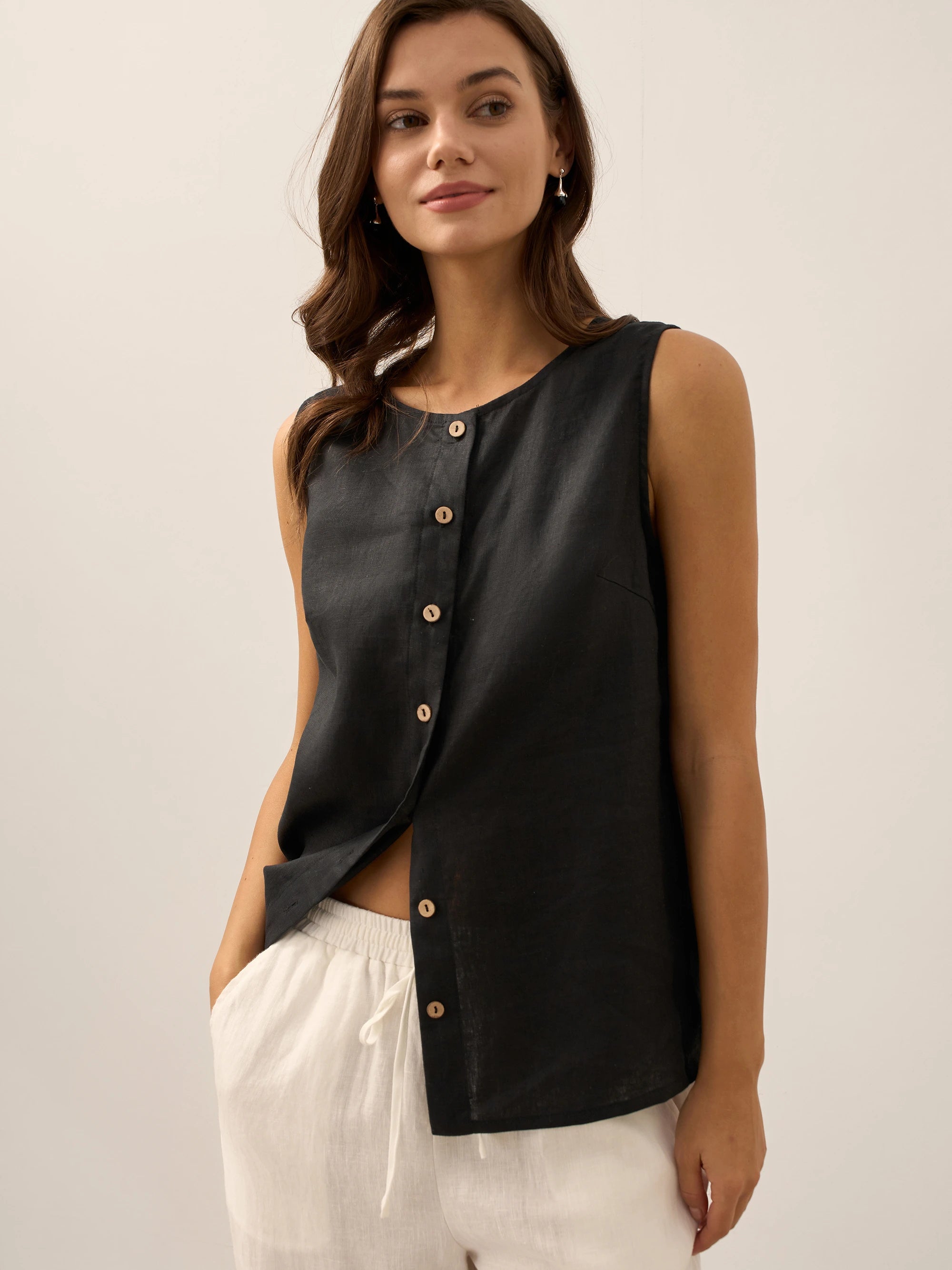 100% Linen Buttons Down Tank Top ERIN