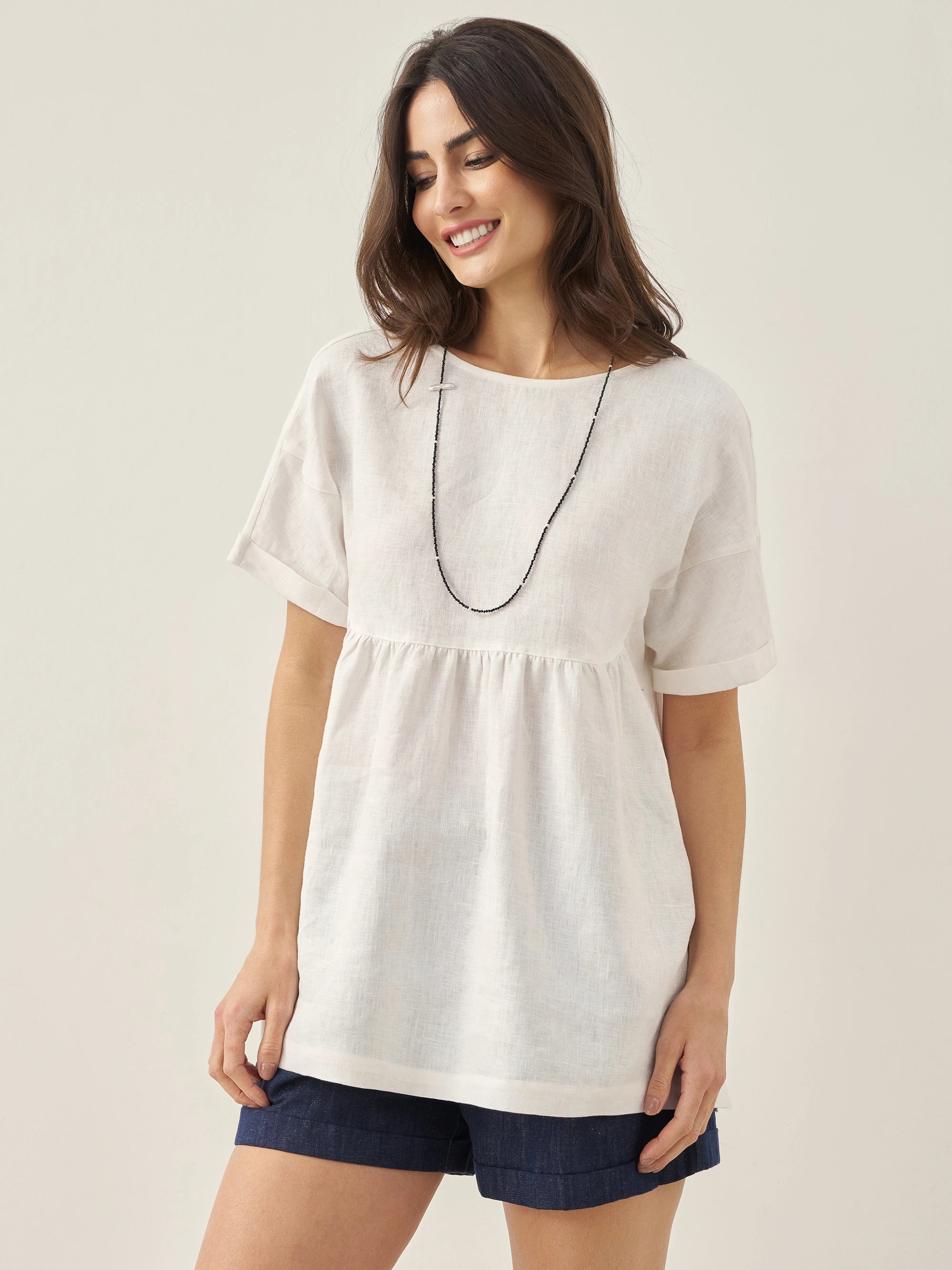 100% Linen Round Neck Pleated Pullover Top QUINLAN