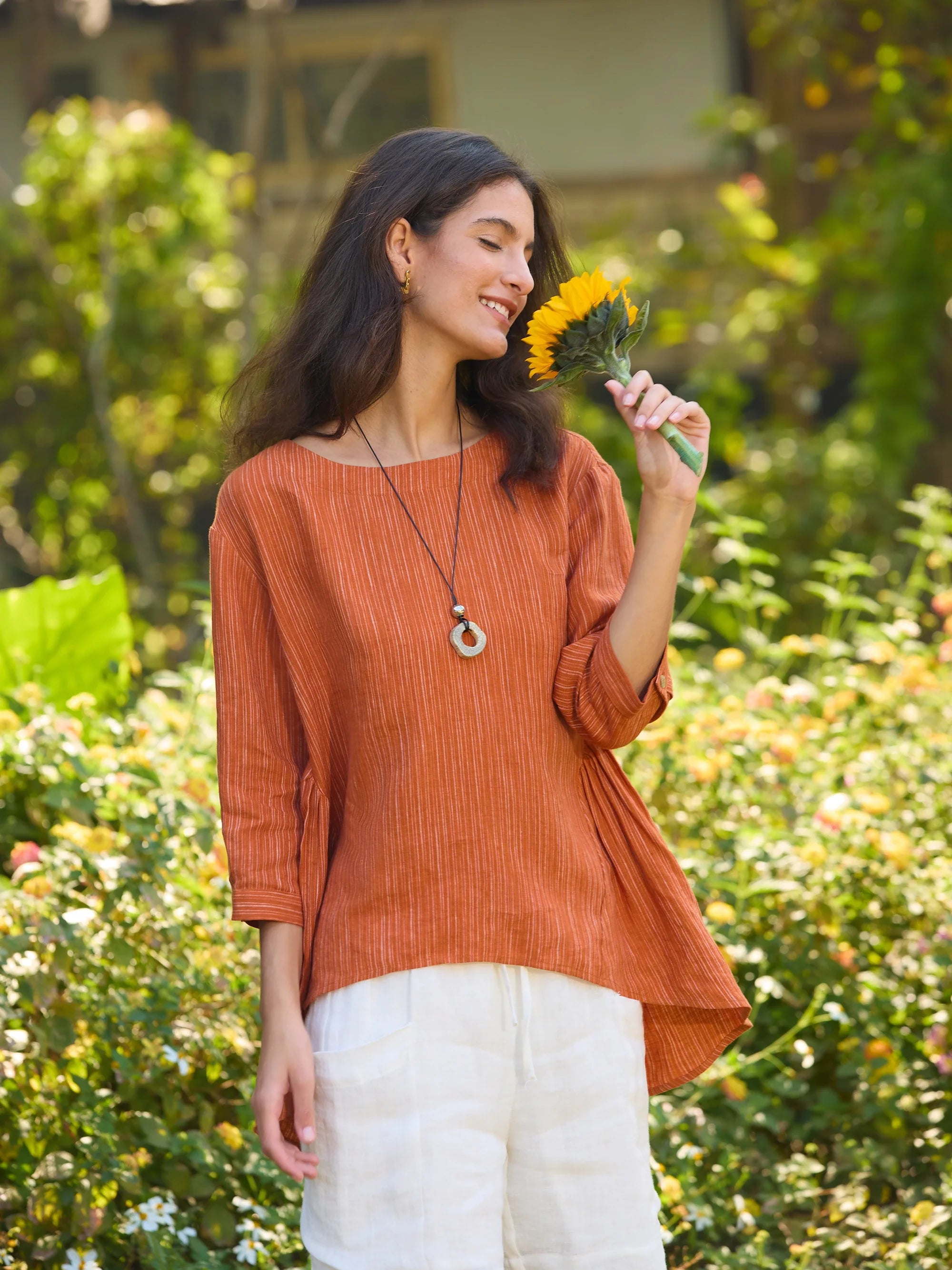 100% Linen Round Neck Artistic Stripe Top FLORENCE