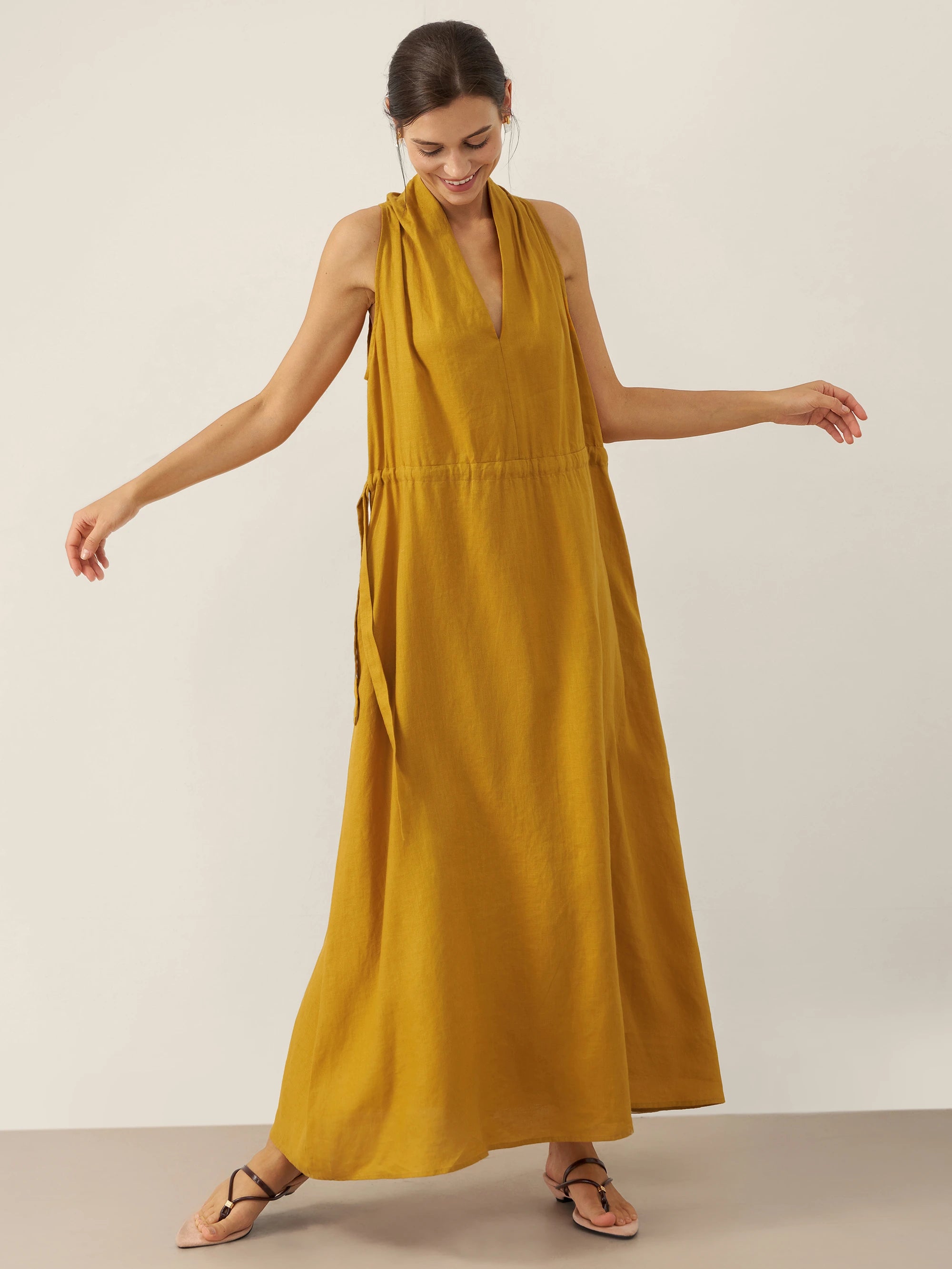 100% Linen V-Neck Halter Maxi Dress BETH