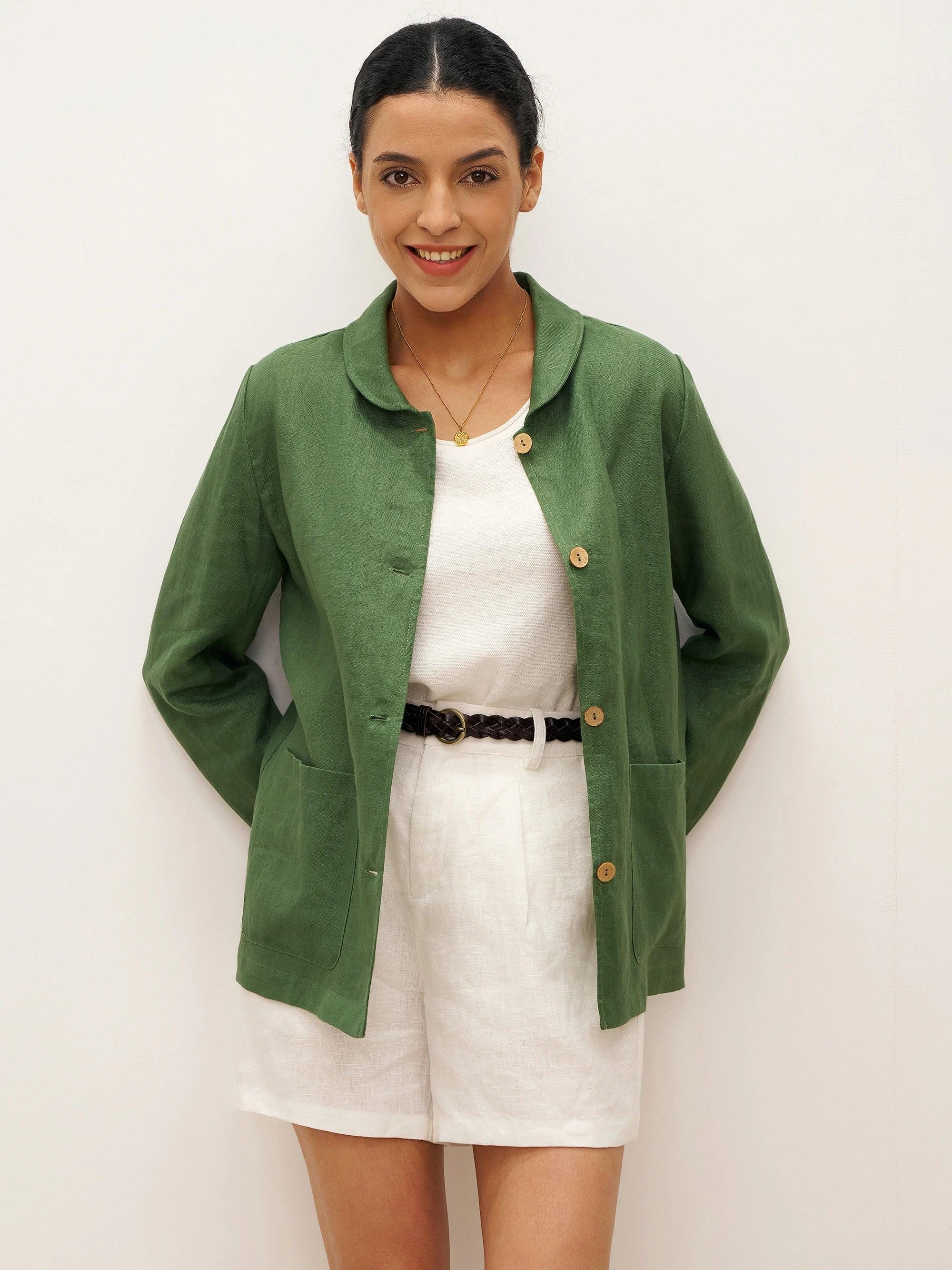 100% Linen Peter Pan Collar Patch Pocket Shirt Jacket LYDIA