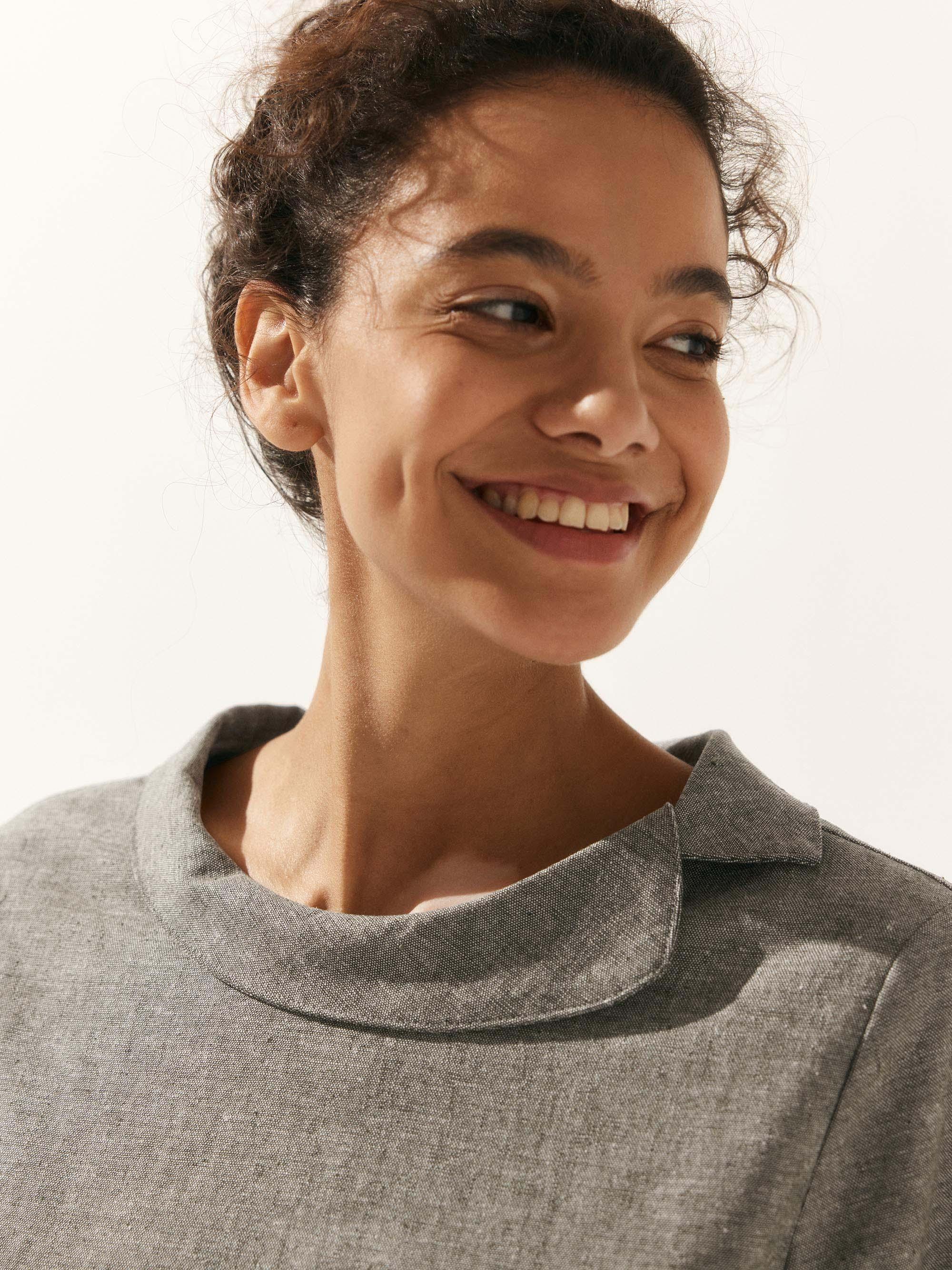 Linen Gingham Checked Round Soft-Fold Collar Top LAURA