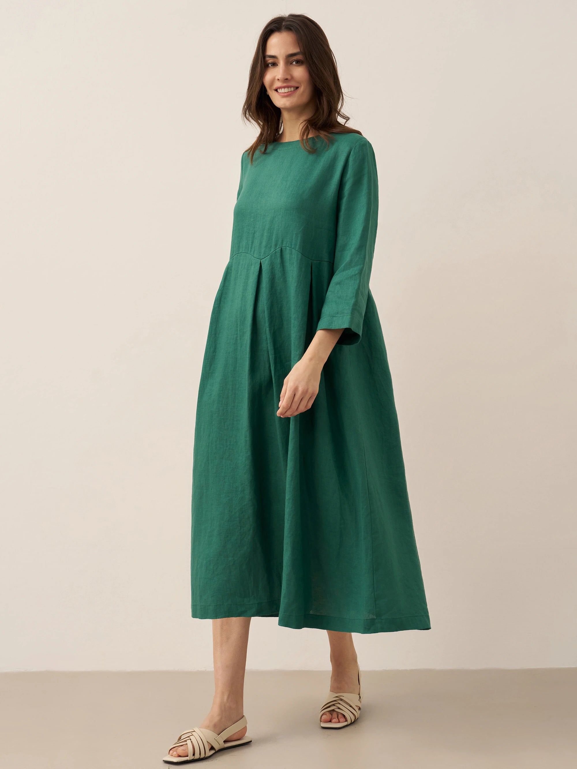 100% Linen Bateau Neck Pleated Maxi Dress