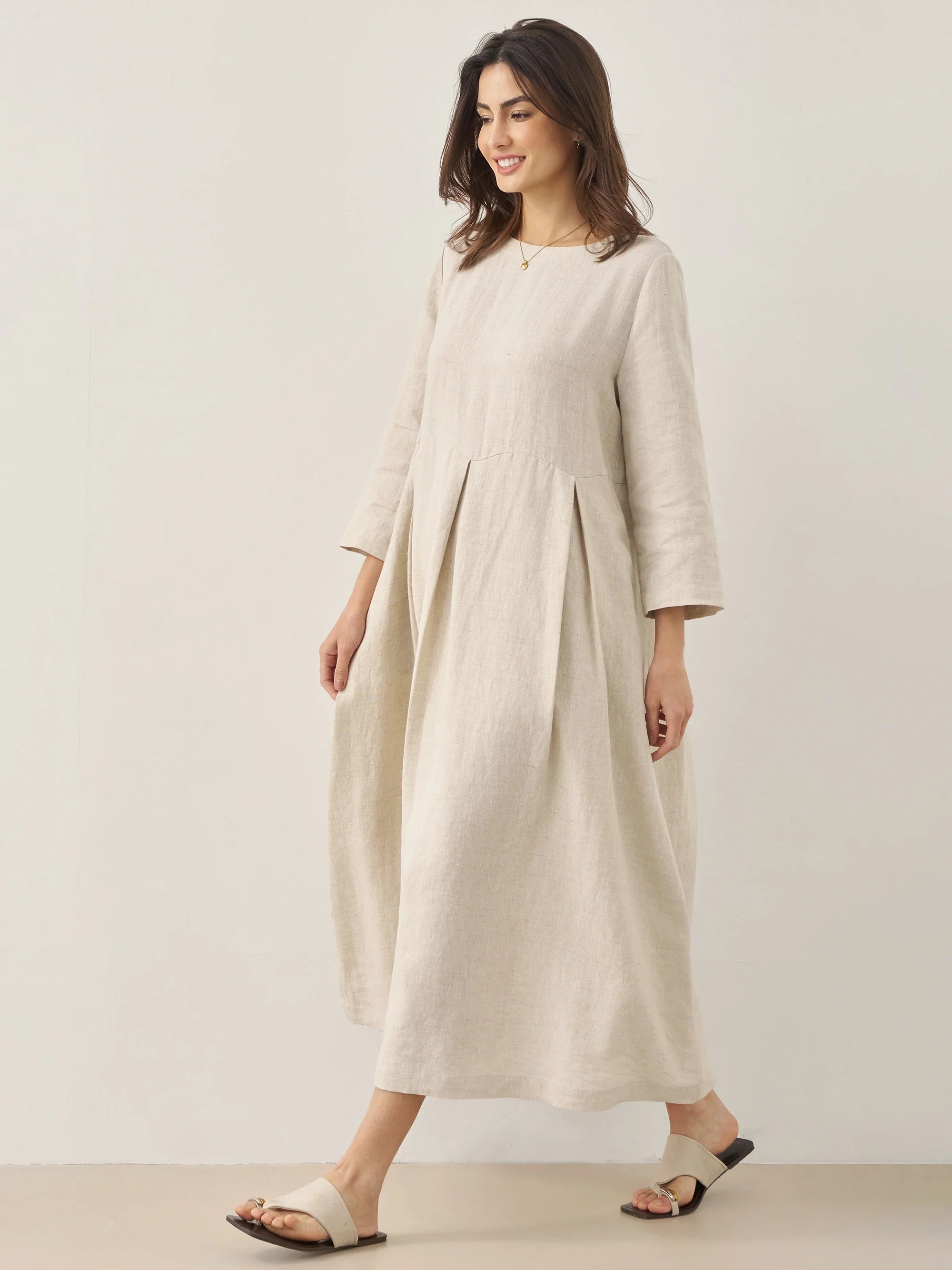 100% Linen Bateau Neck Pleated Maxi Dress