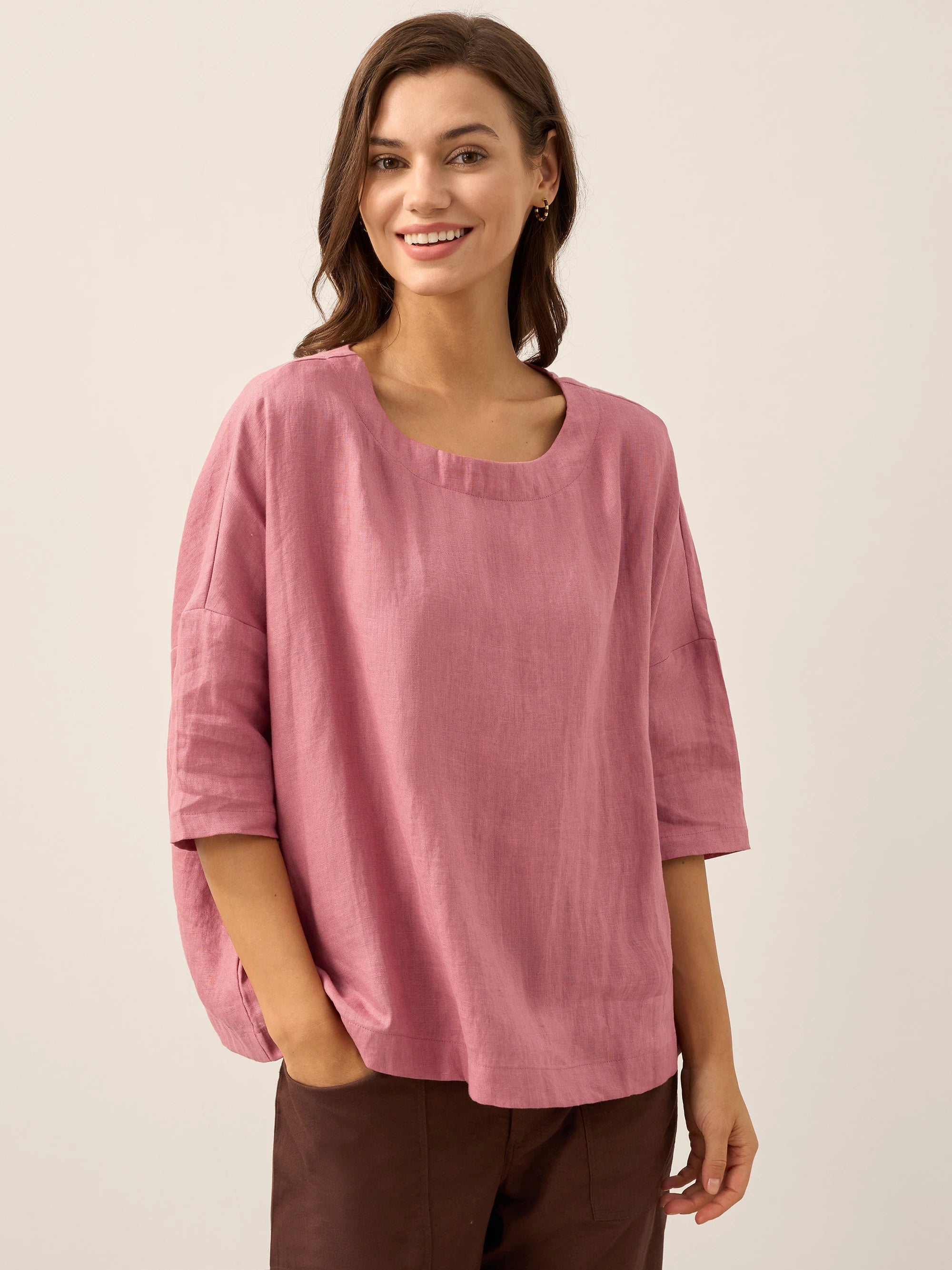 100% Linen Boatneck 3/4 Length Sleeve Top AURORA
