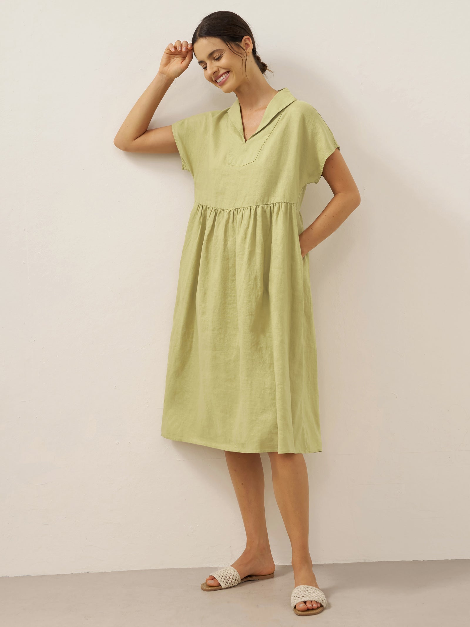 100% Linen Collared Pleated Waist A-Line Midi Dress SAGE