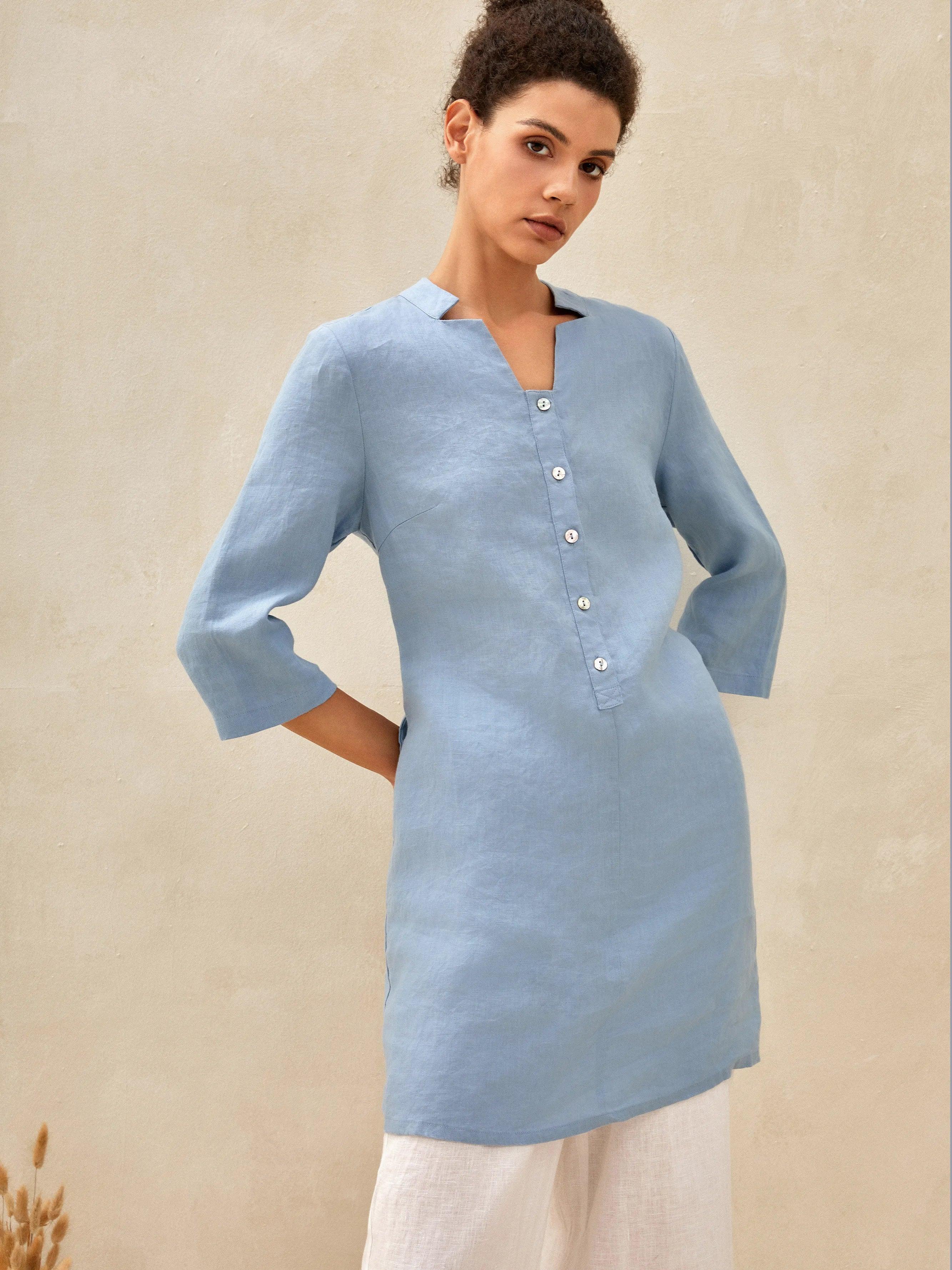 100% Linen 3/4 Sleeve Straight-Leg Long Top AMRITA