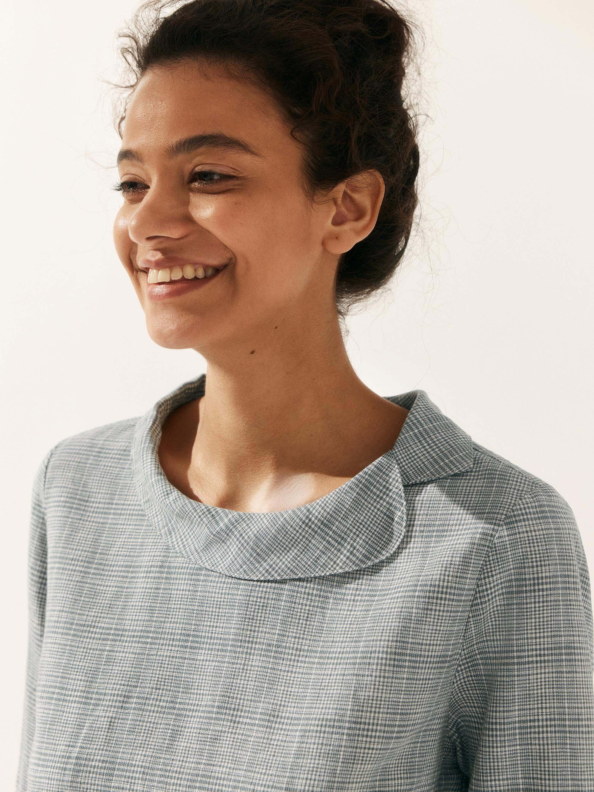 Linen Gingham Checked Round Soft-Fold Collar Top LAURA