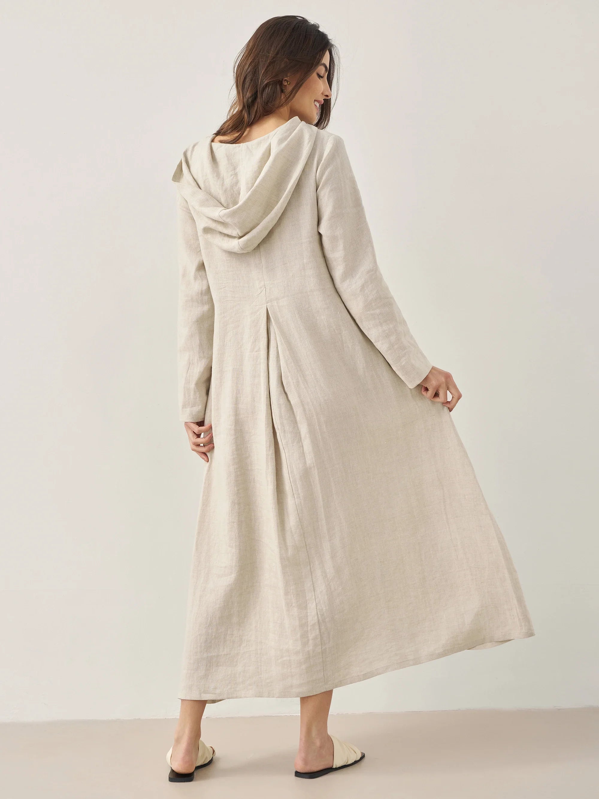 100% Linen Hooded Pullover Maxi Dress REBECCA