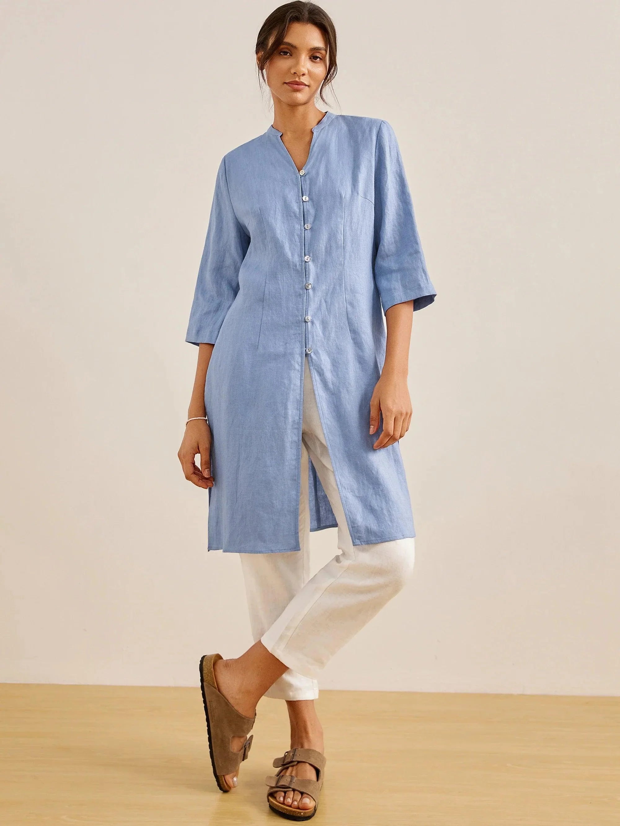 100% Linen Hand Button Long Top DILLON