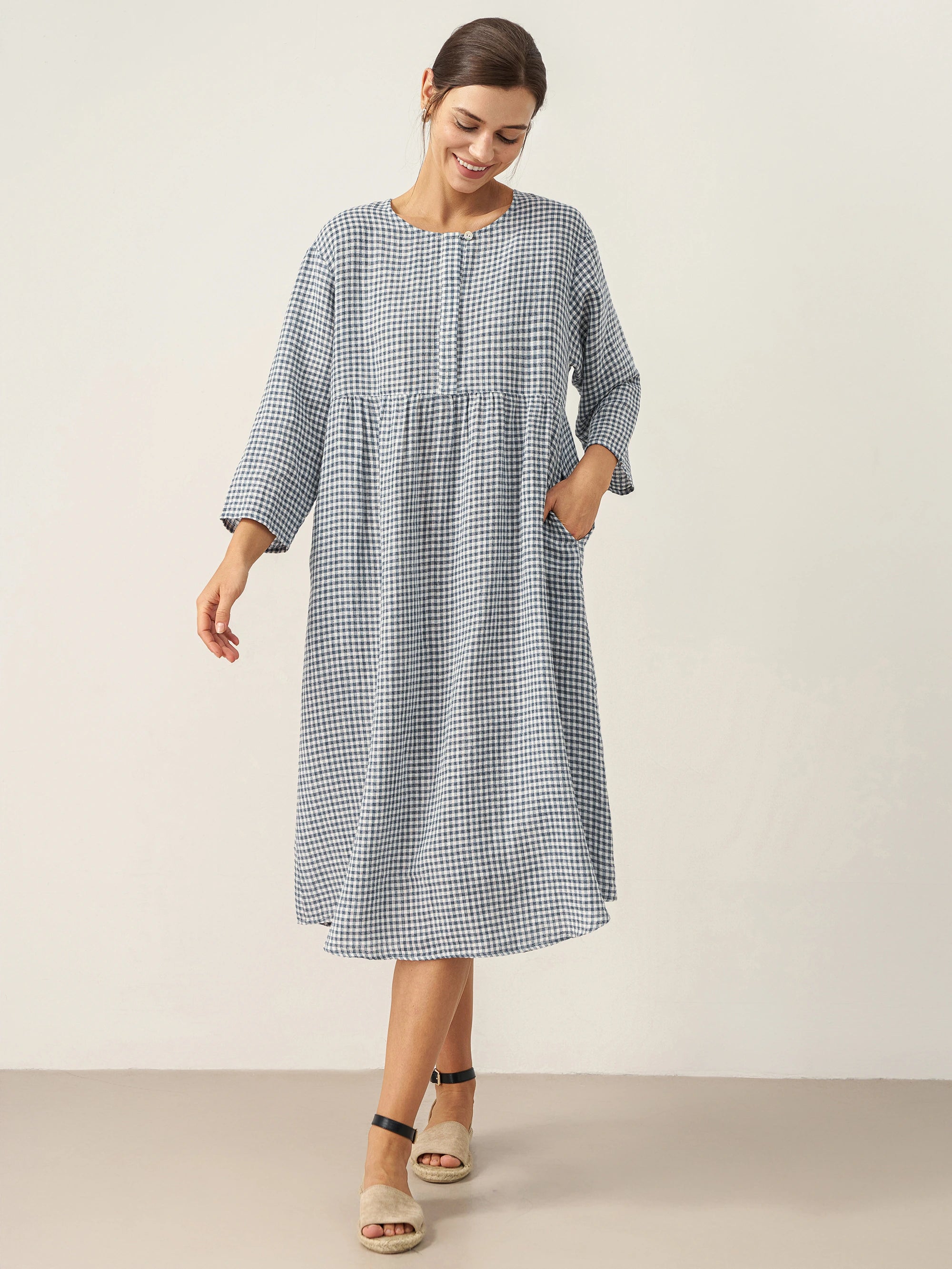 Linen Check Long Sleeve Midi Dress FIRTH