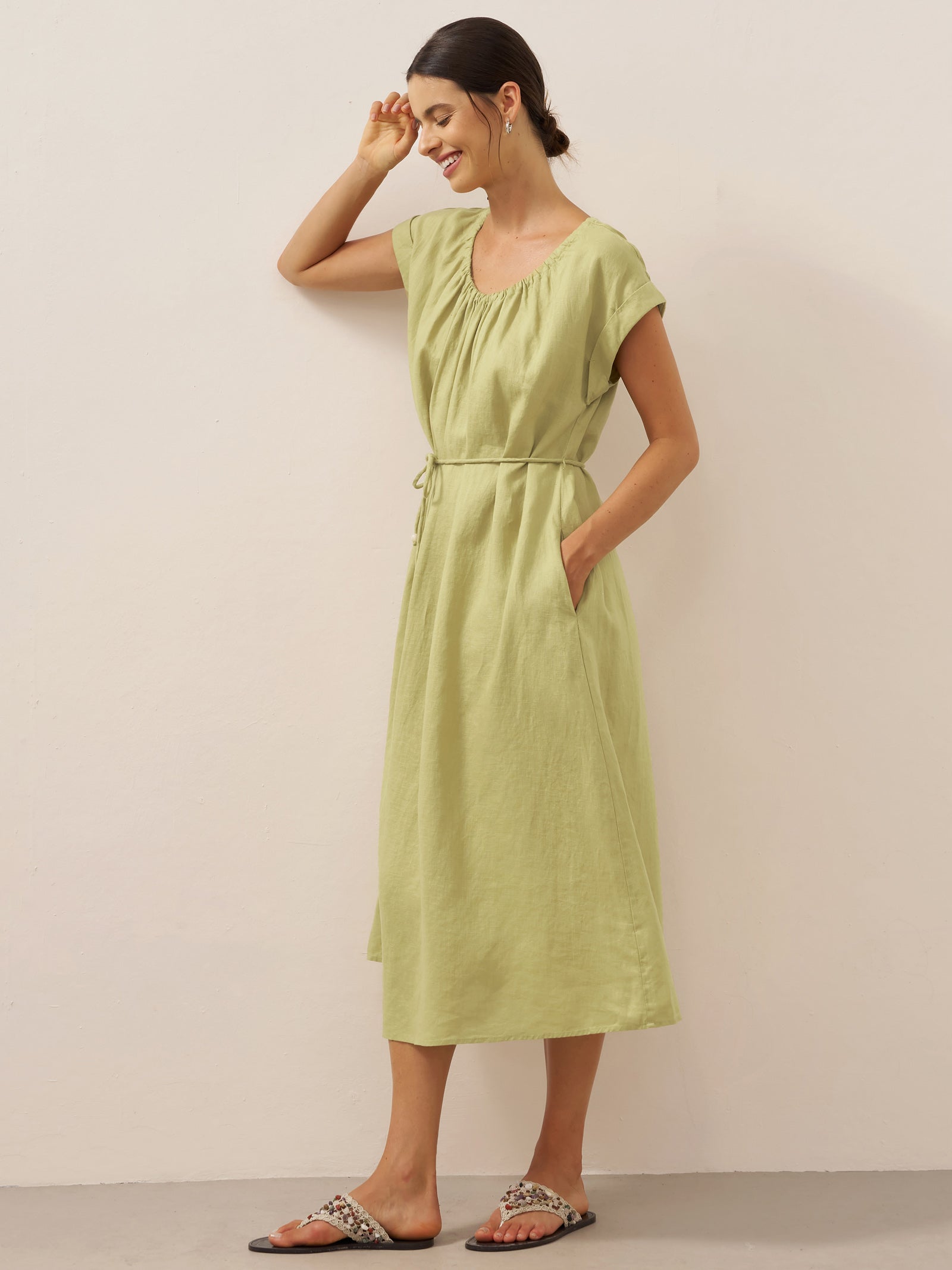 100% Linen Pleated Crew Neck Maxi Dress with Detachable Tie Straps MIRA