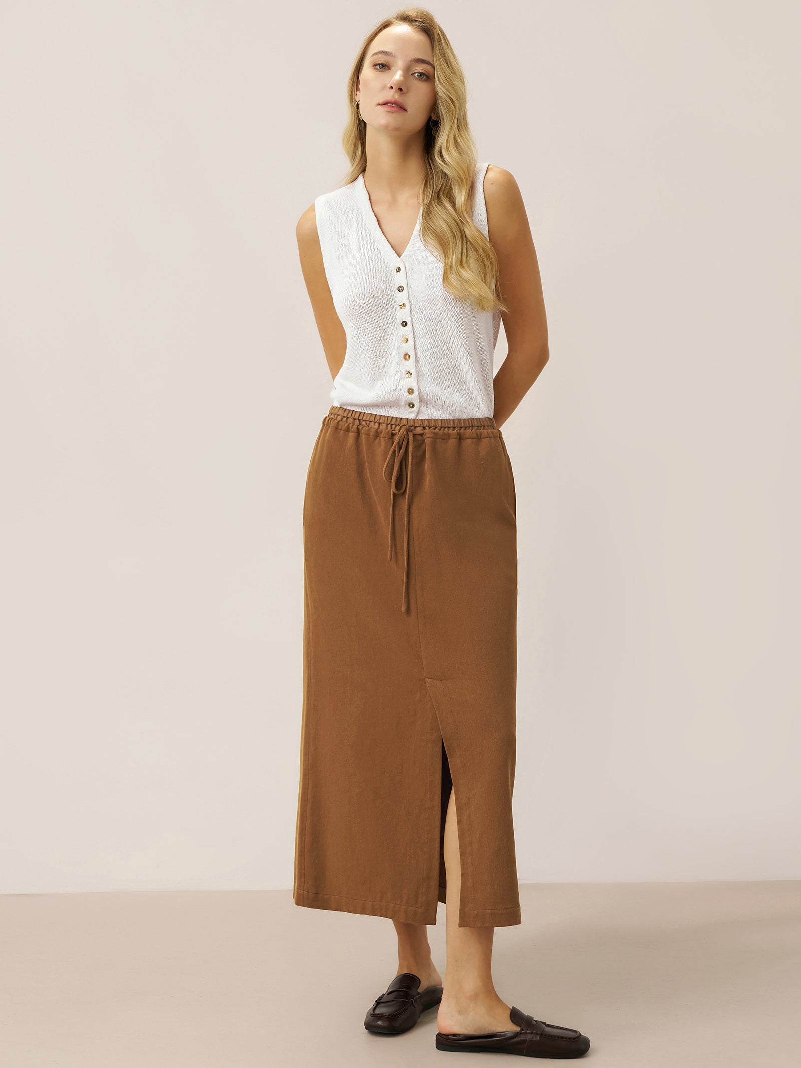 Tencel Linen Drawstring Split Maxi Skirt SAMANTHA
