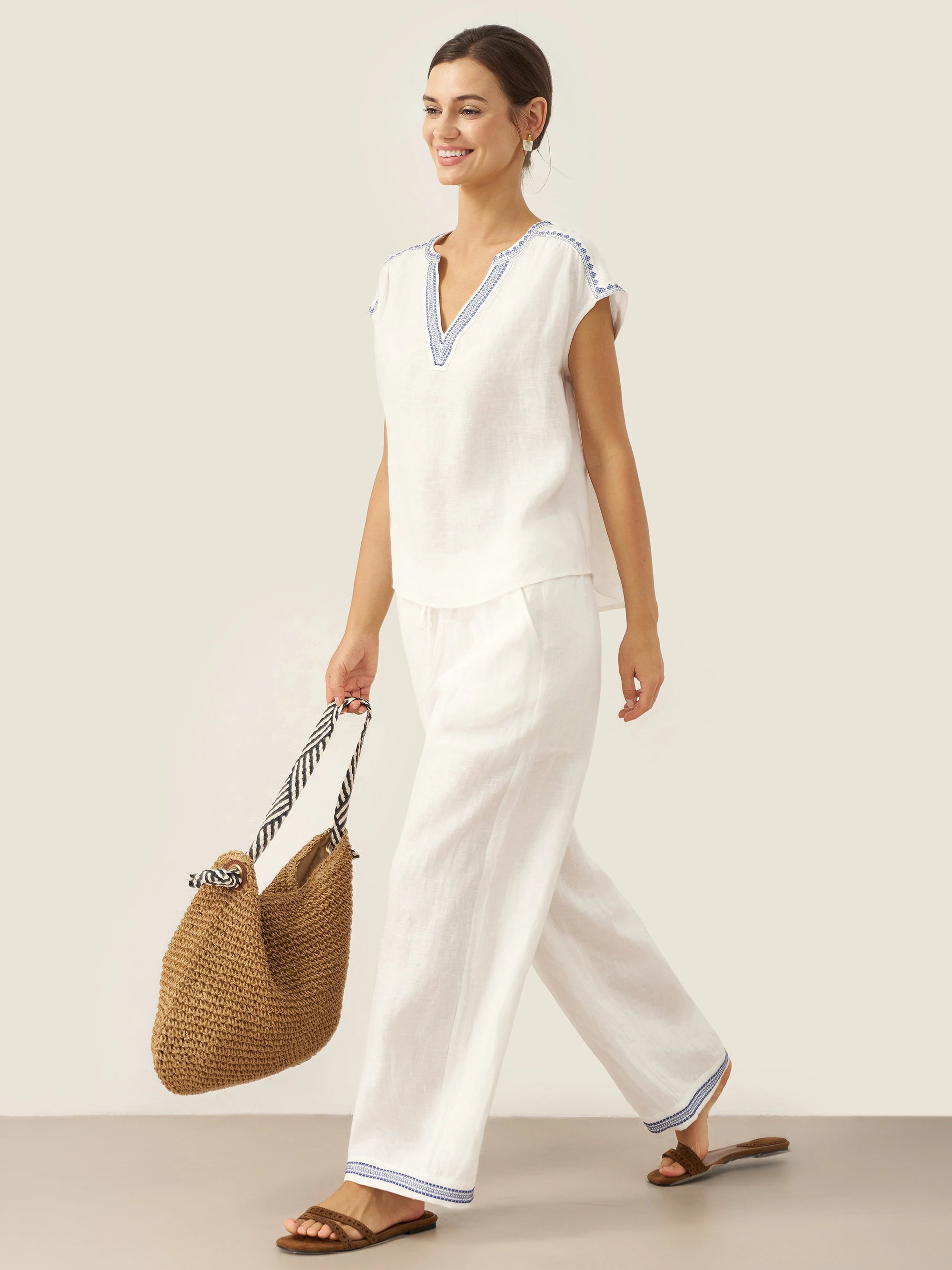 100% Linen V-Neck Embroidered Crop Top FENE