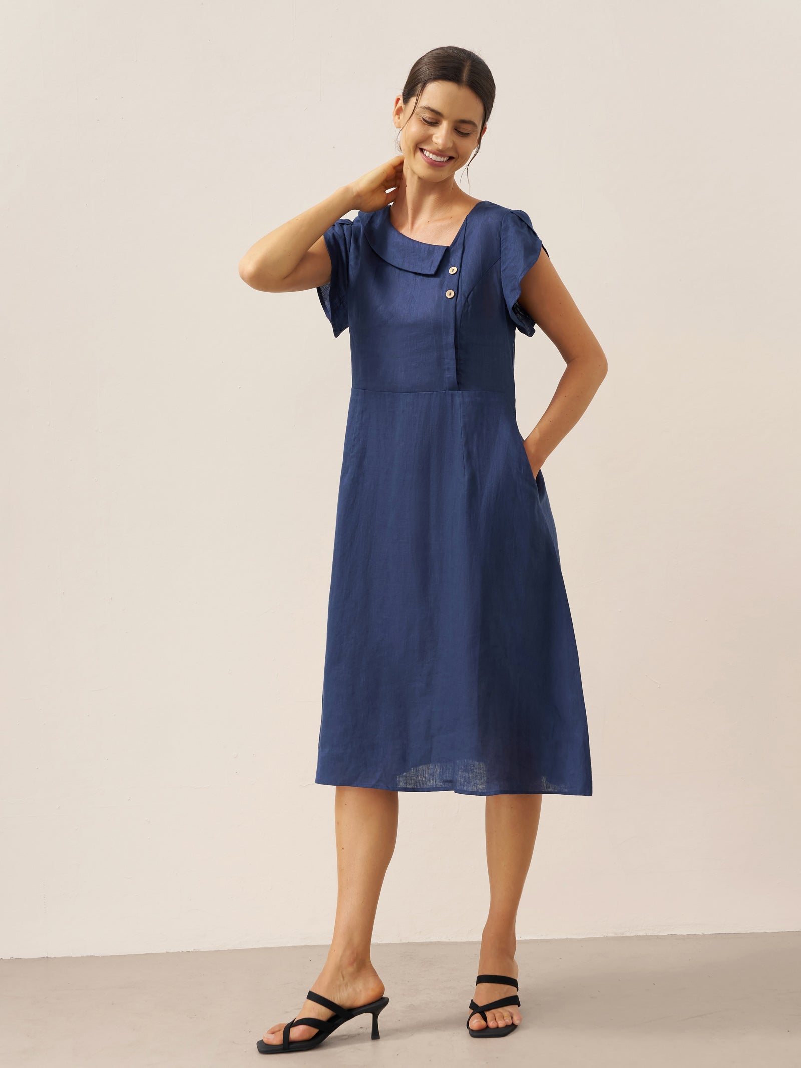 100% Linen Crescent Collar Flutter Sleeve Midi Dress FIONA
