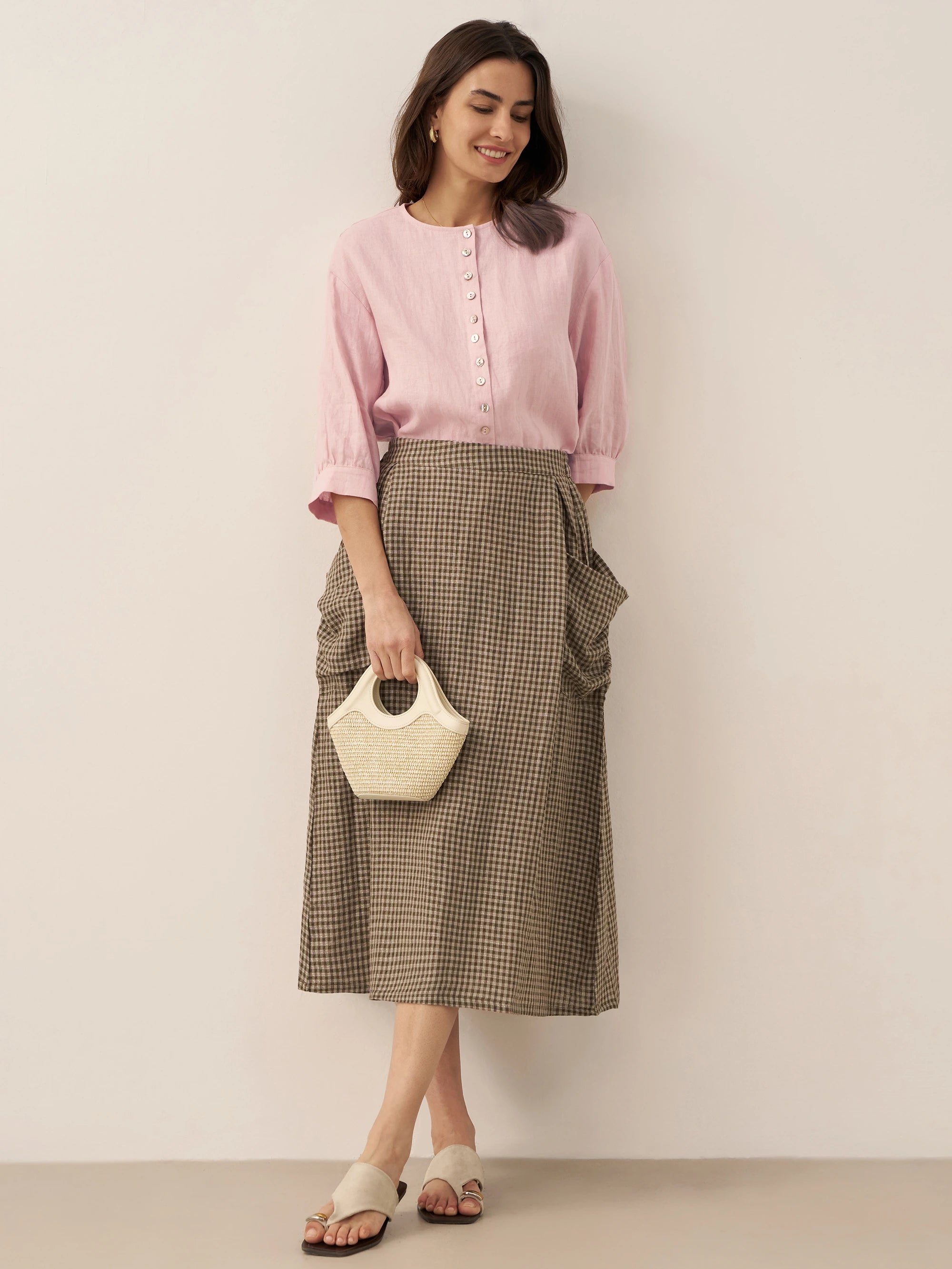 Linen Checked Elastic Waist Skirt ONYX