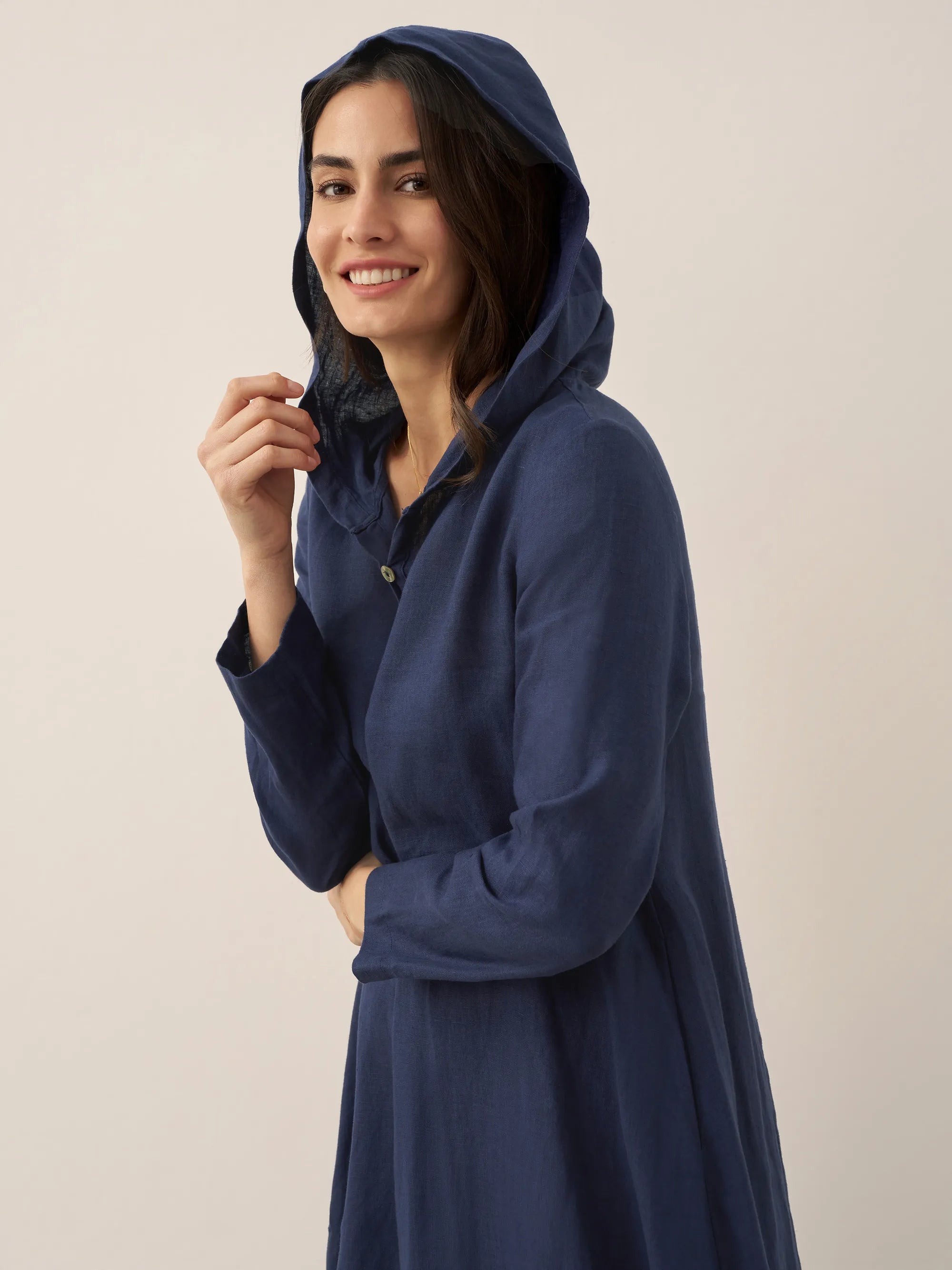 100% Linen Hooded Pullover Maxi Dress REBECCA