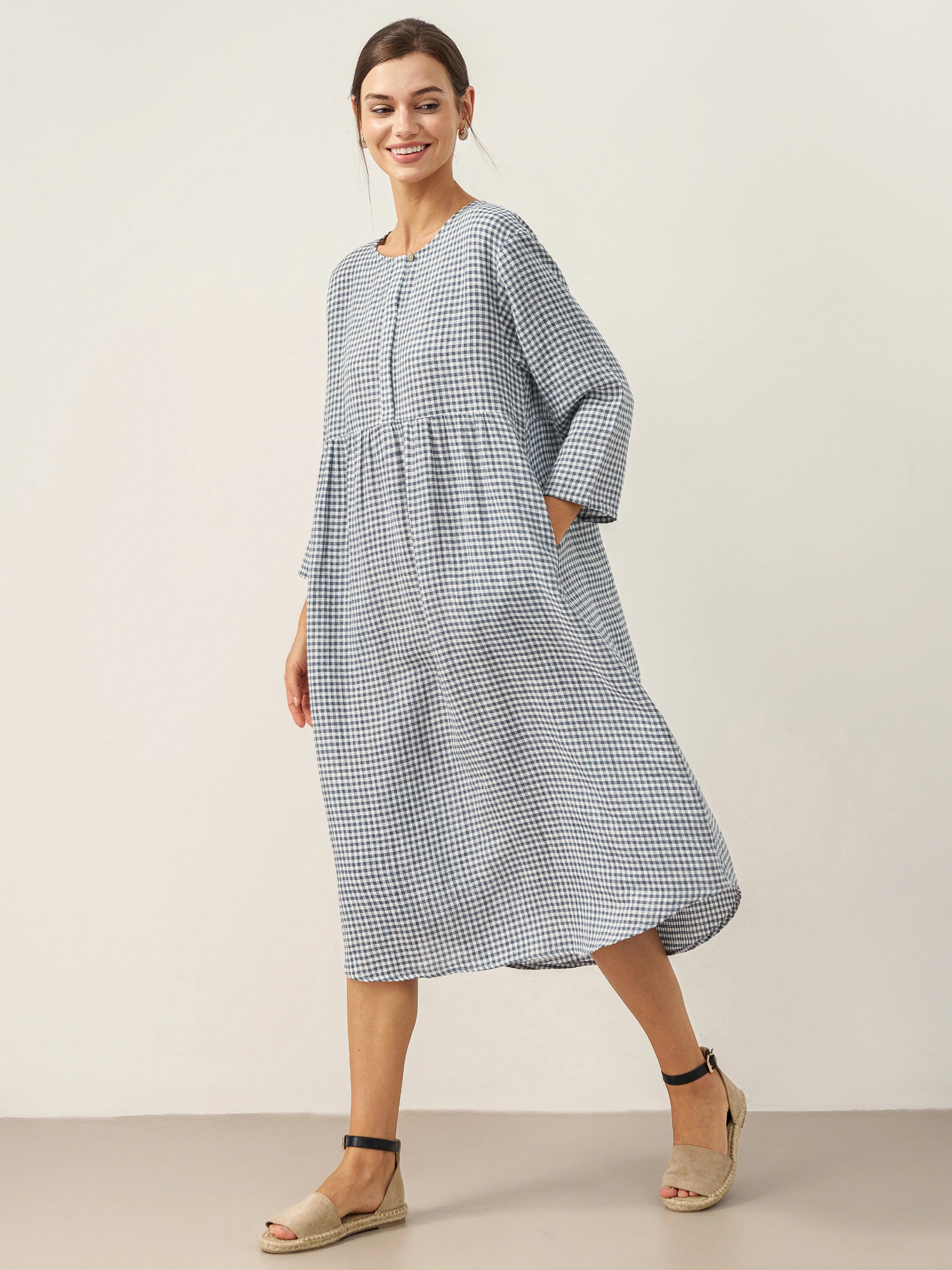 Linen Check Long Sleeve Midi Dress FIRTH