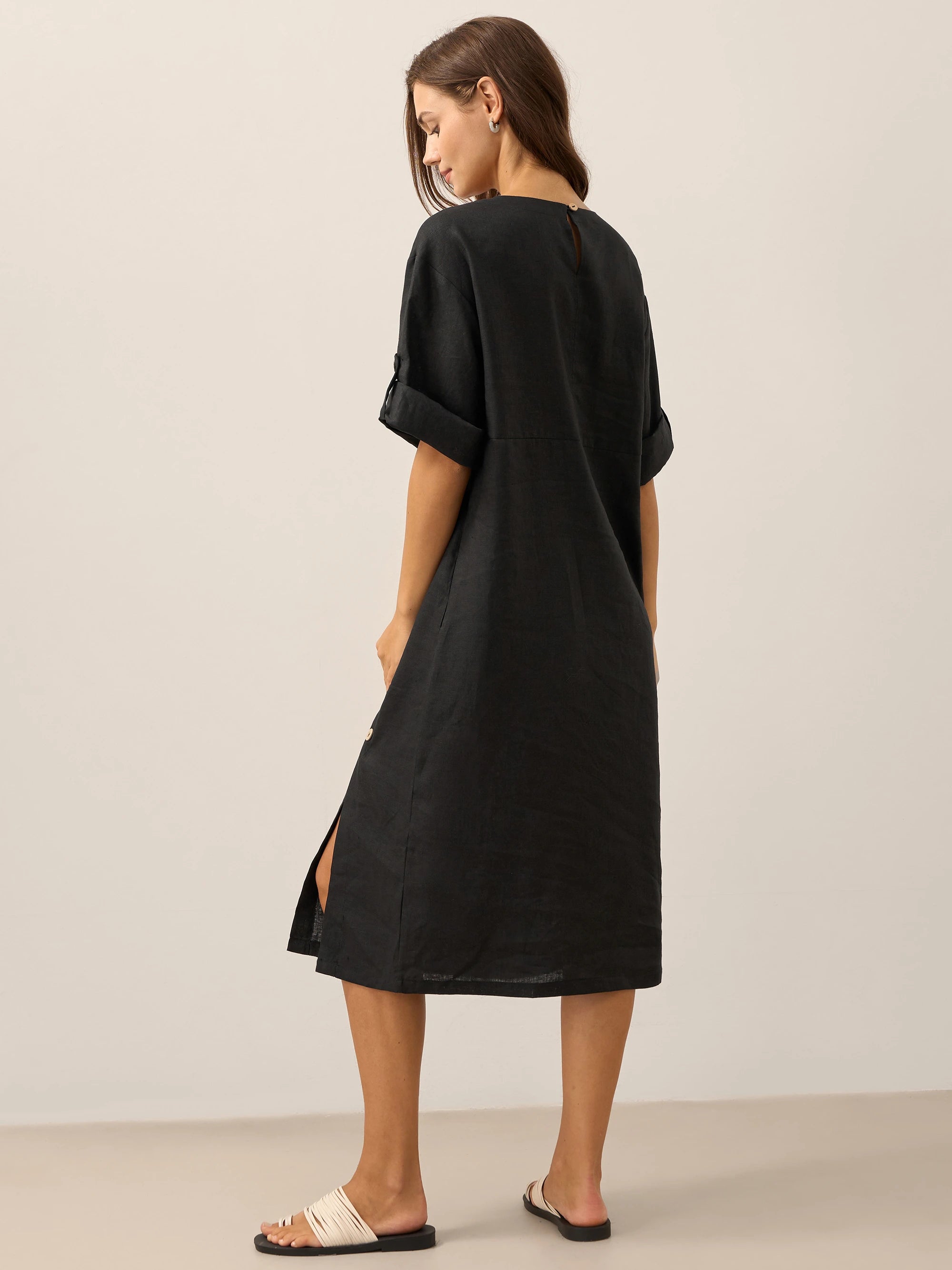 100% Linen Round Neck Button Detail Midi Dress JELENA