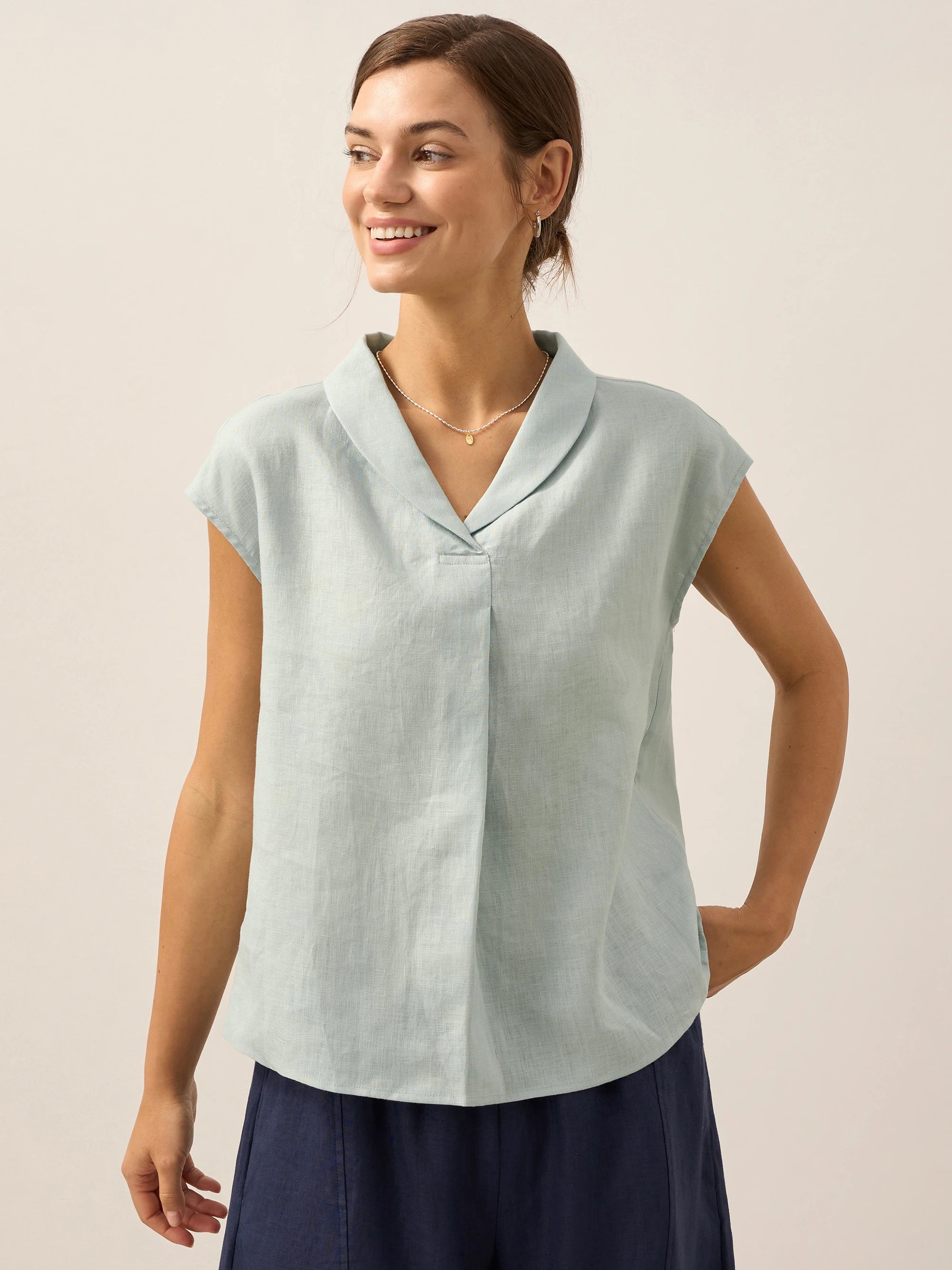100% Linen Shawl V-Neck Cap Sleeves Top ELARA