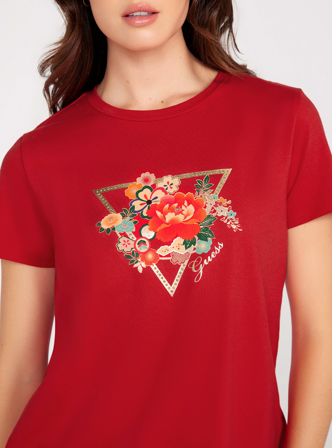 Red Short Sleeve Flower Logo Easy T-Shirt